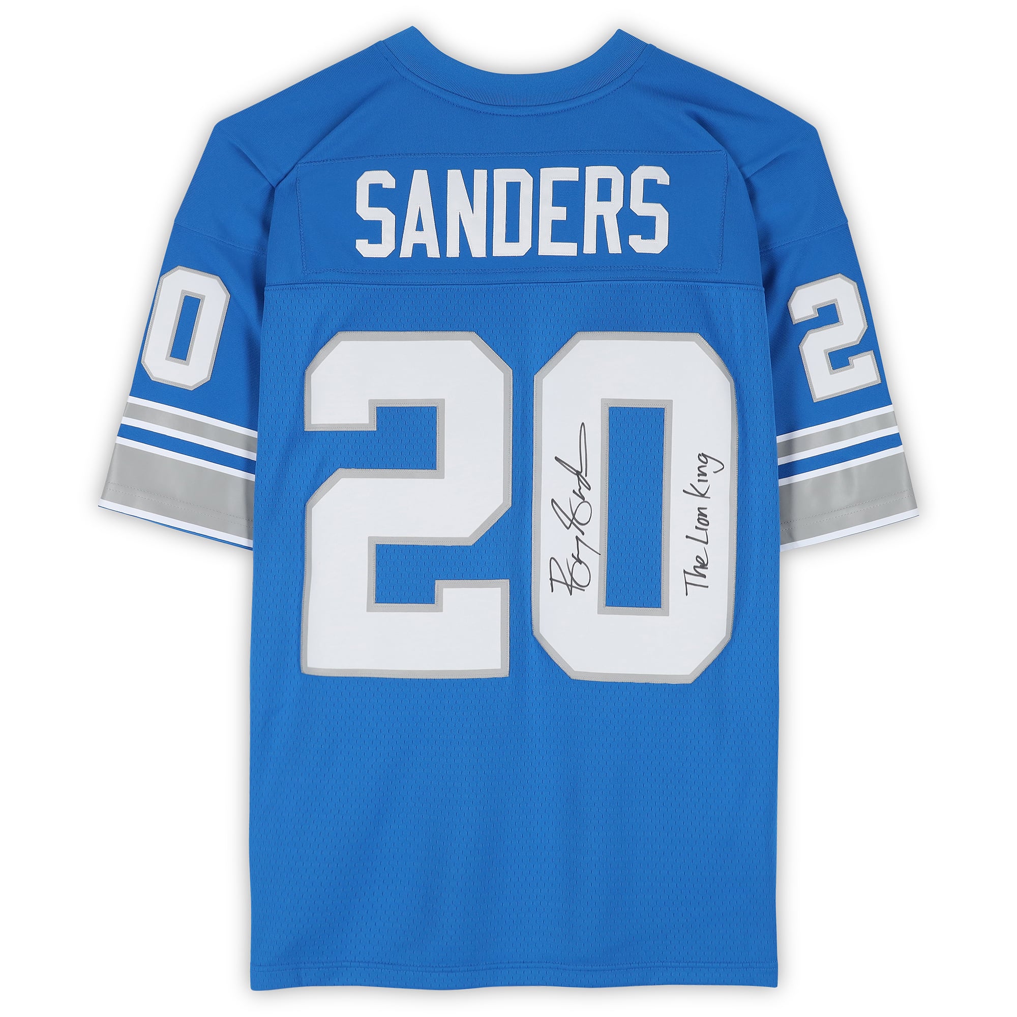 Barry Sanders Detroit Lions Autographed Mitchell & Ness Blue Replica Jersey with "Lion King" Inscription