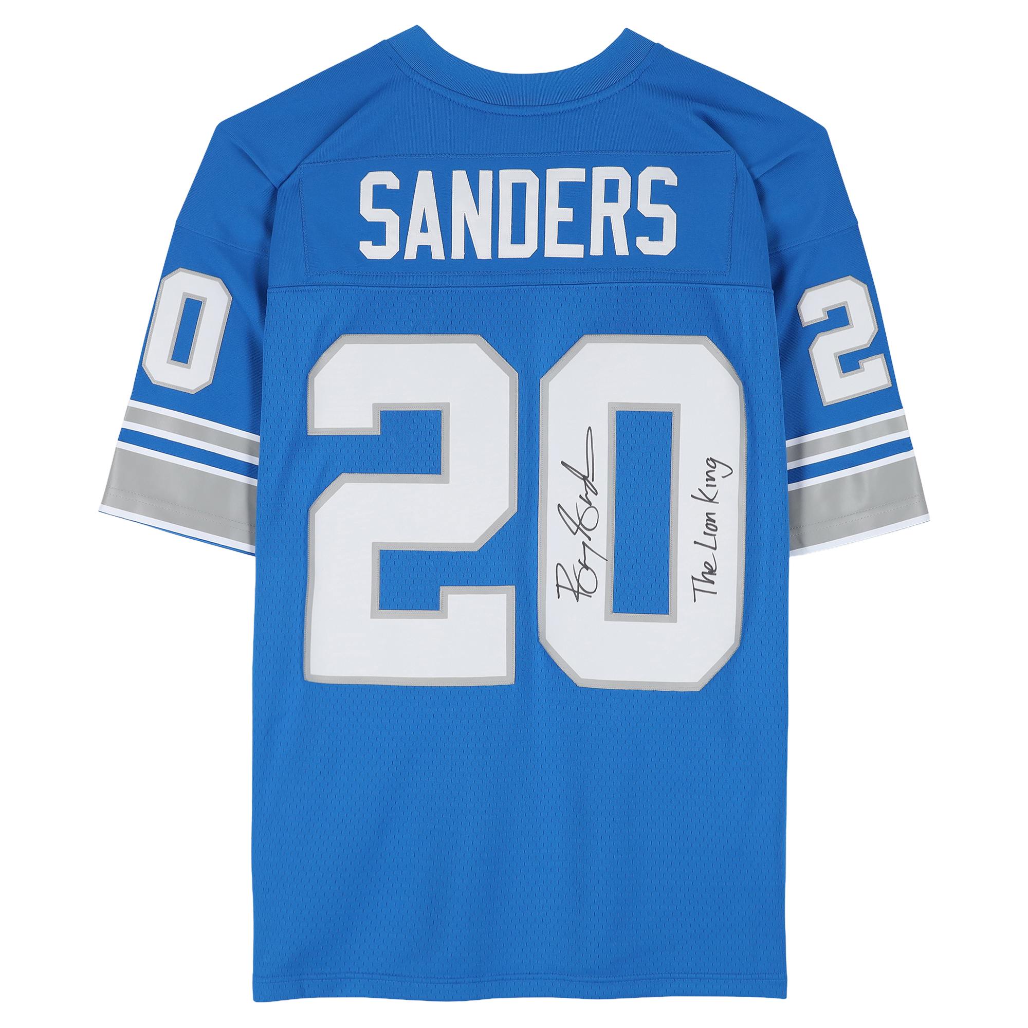 Barry Sanders Detroit Lions Autographed Mitchell & Ness Blue Replica Jersey with "Lion King" Inscription