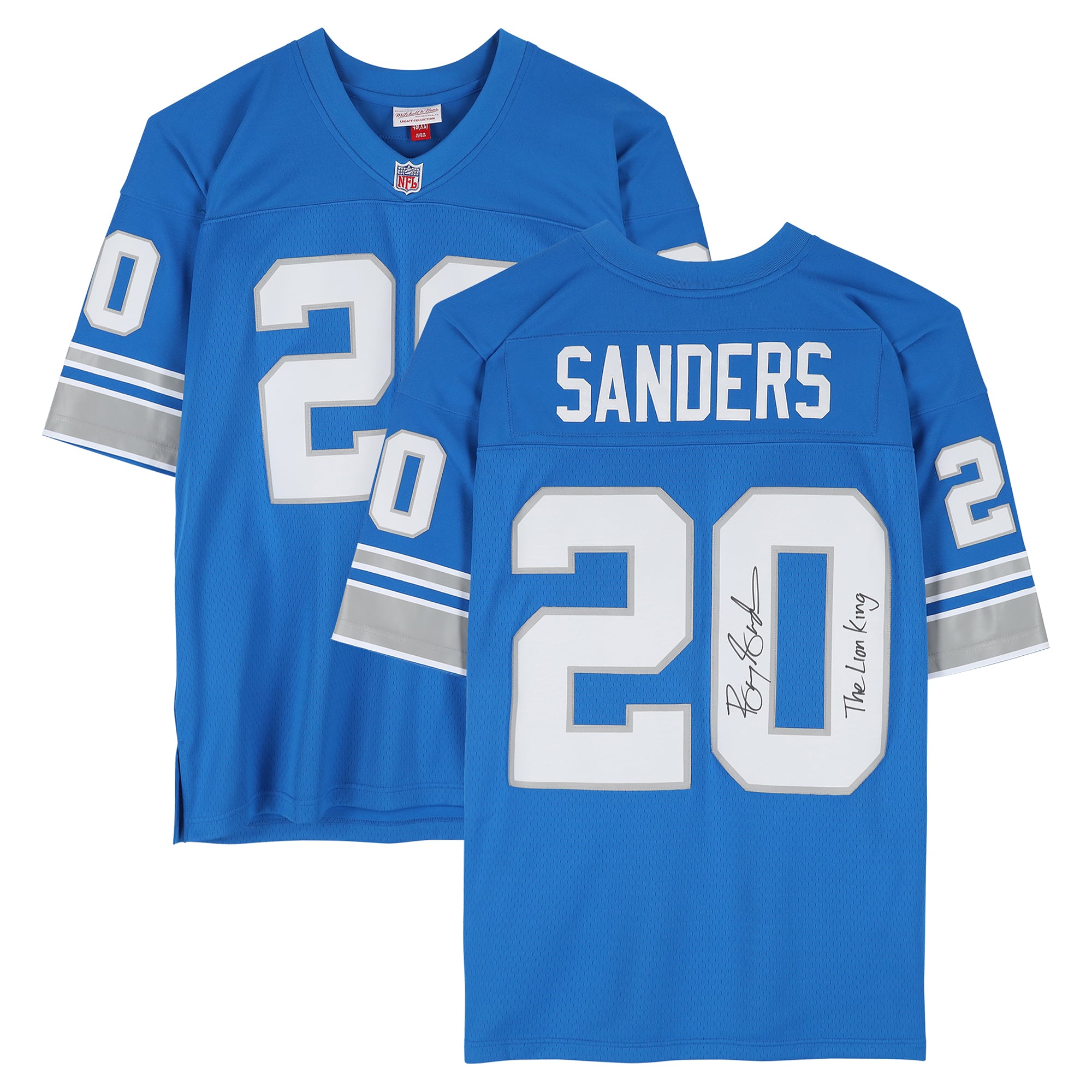 Maillot réplique bleu Mitchell & Ness autographié par Barry Sanders des Lions de Détroit avec inscription « Le Roi Lion »
