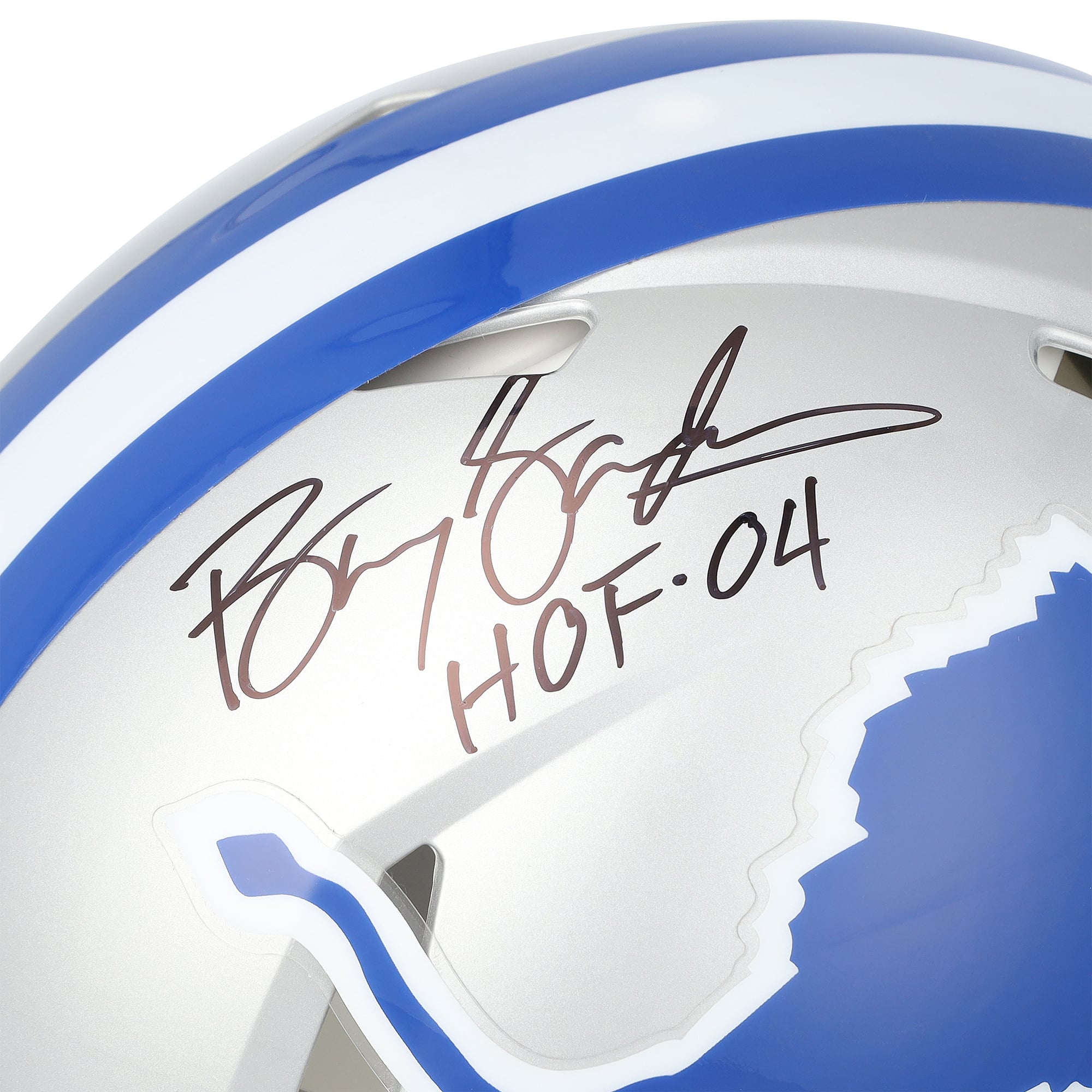 Casque Riddell Speed ​​Authentic rétro 1983-2002 autographié par Barry Sanders (Detroit Lions) avec inscription « HOF 04 ».