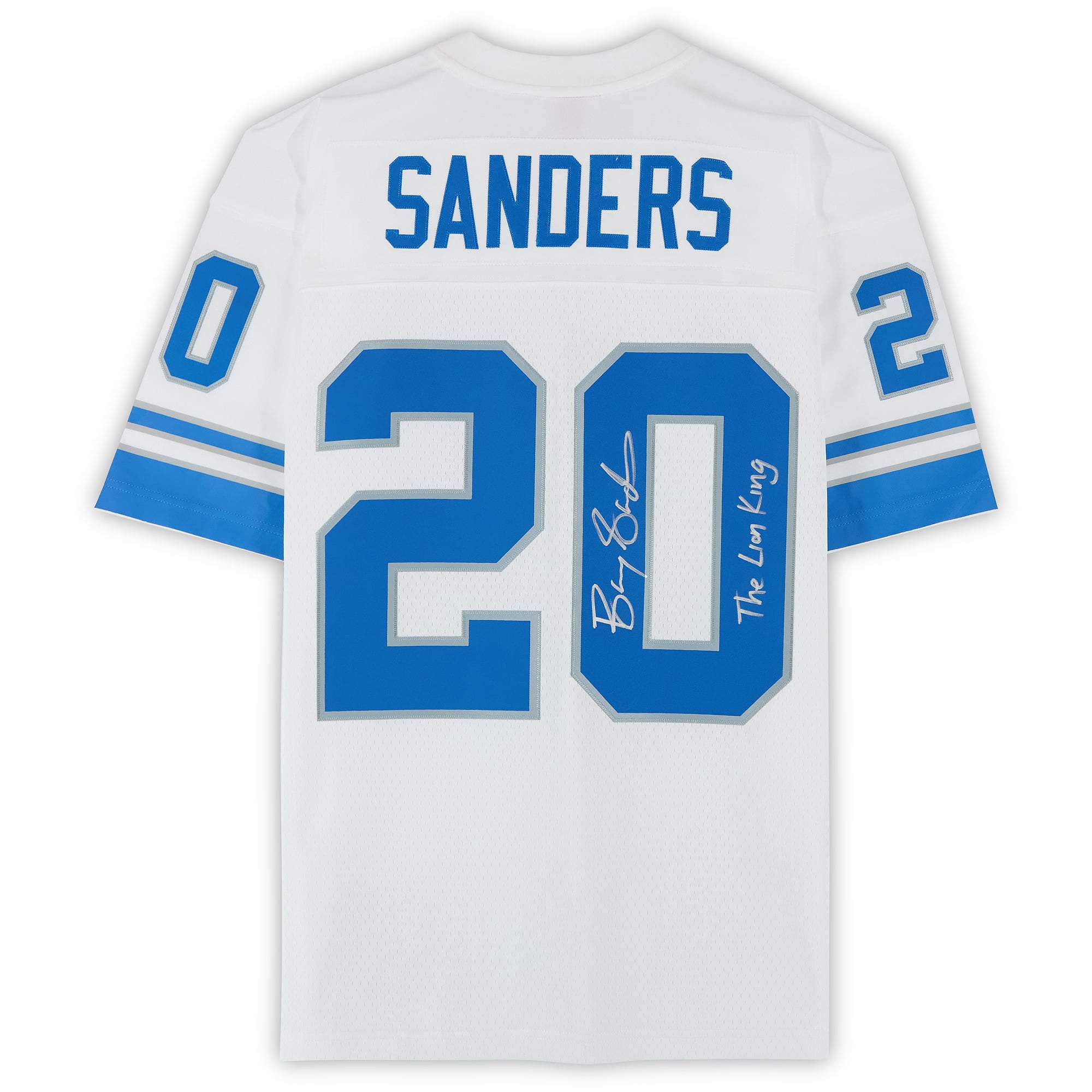 Barry Sanders Detroit Lions Autographed White Mitchell and Ness 1996 Legacy Replica Jersey with "Lion King" Inscription