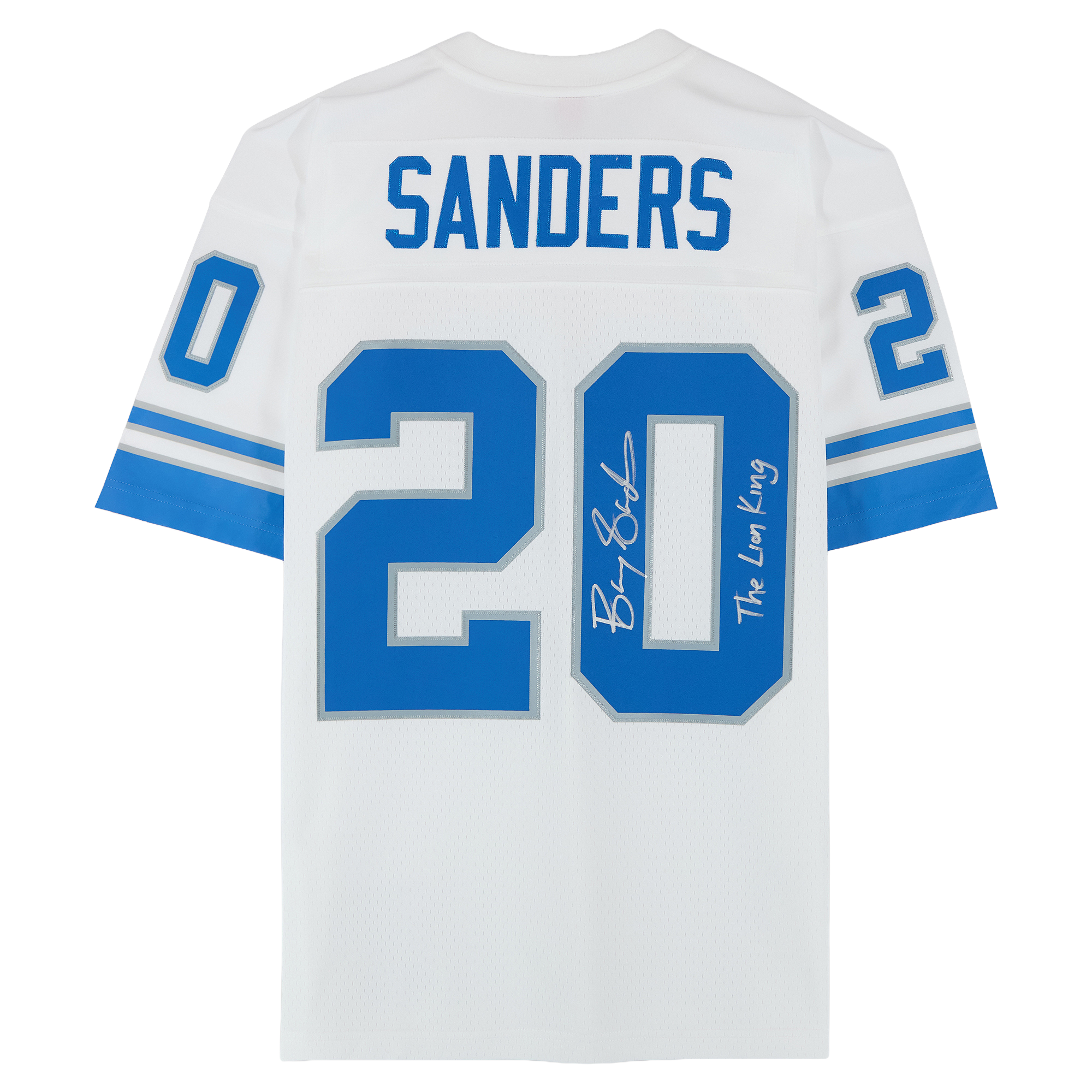 Barry Sanders Detroit Lions Autographed White Mitchell and Ness 1996 Legacy Replica Jersey with "Lion King" Inscription
