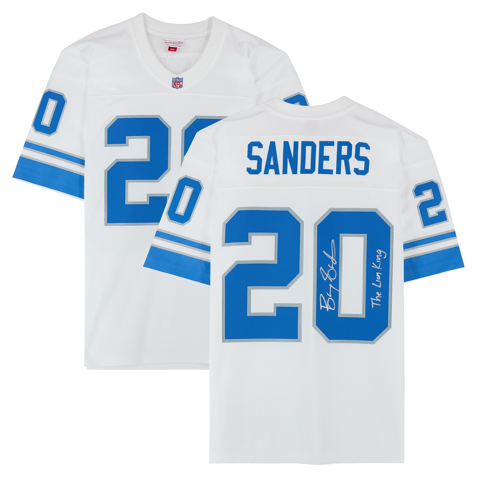 Maillot réplique blanc Mitchell & Ness Legacy 1996 autographié par Barry Sanders des Lions de Détroit, avec inscription « Le Roi Lion ».