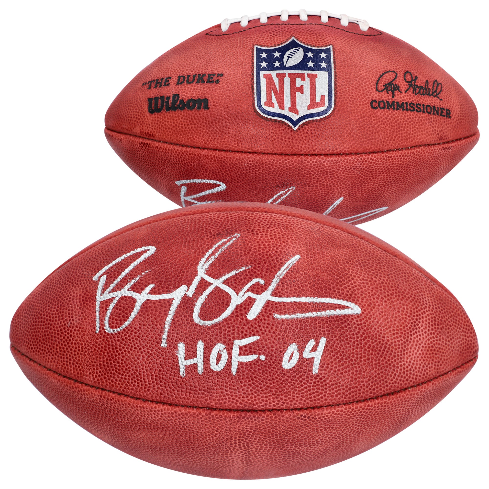 Ballon de football professionnel Wilson Duke en couleur autographié par Barry Sanders des Detroit Lions avec l'inscription « HOF 04 »