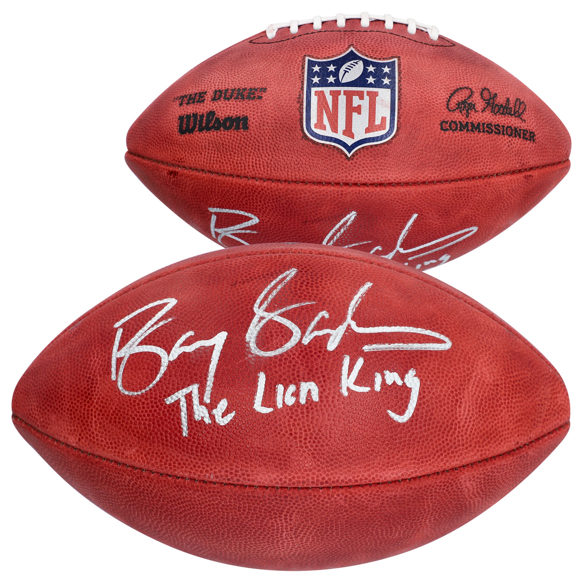 Ballon de football professionnel Wilson Duke dédicacé par Barry Sanders des Detroit Lions avec l'inscription « Le Roi Lion »