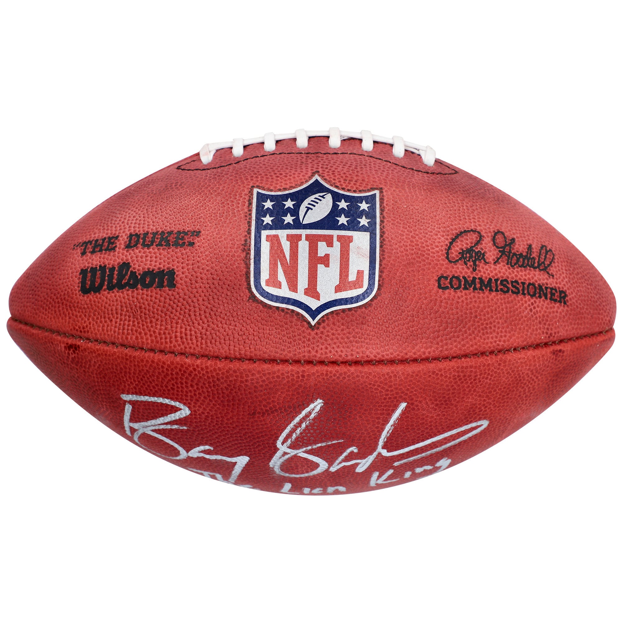 Ballon de football professionnel Wilson Duke dédicacé par Barry Sanders des Detroit Lions avec l'inscription « Le Roi Lion »