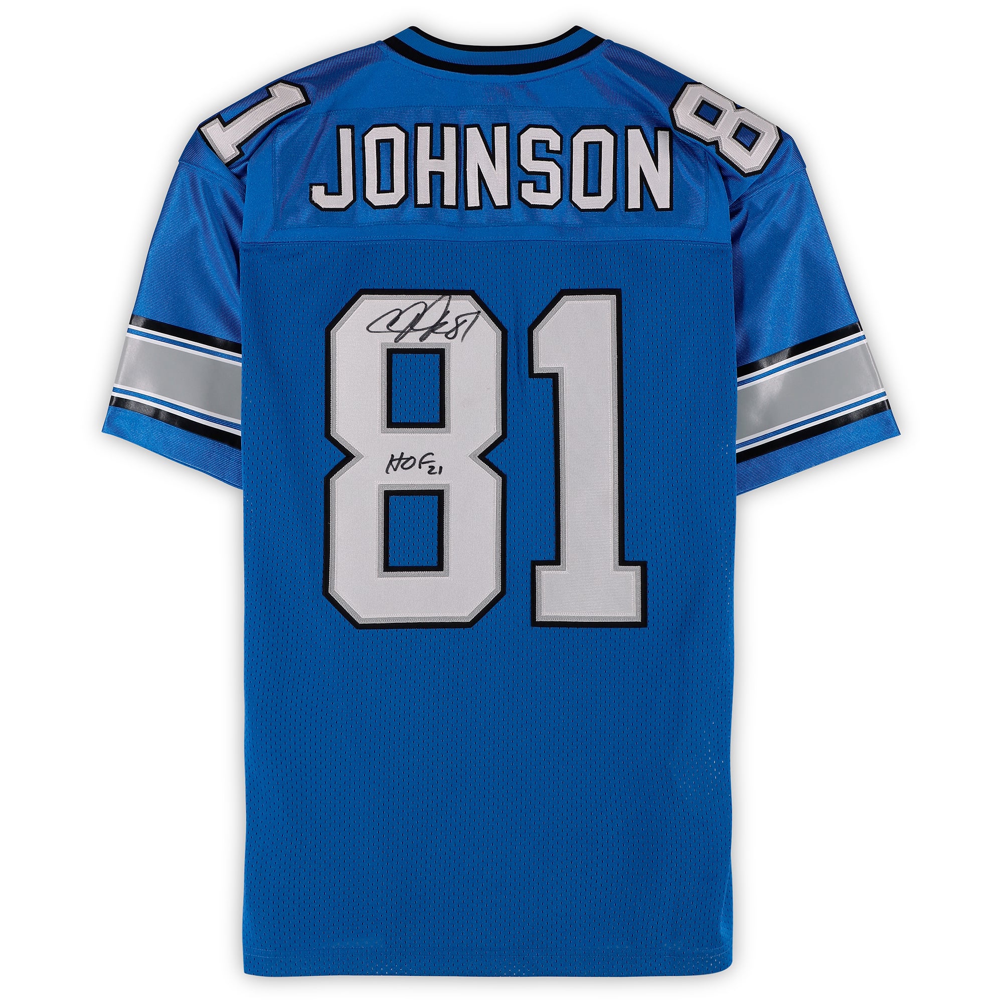 Maillot authentique bleu Mitchell & Ness 2007 autographié par Calvin Johnson (Detroit Lions) avec inscription « HOF 21 ».