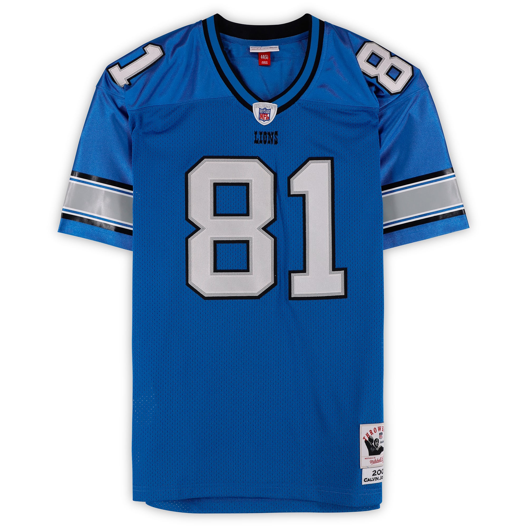 Maillot authentique bleu Mitchell & Ness 2007 autographié par Calvin Johnson (Detroit Lions) avec inscription « HOF 21 ».