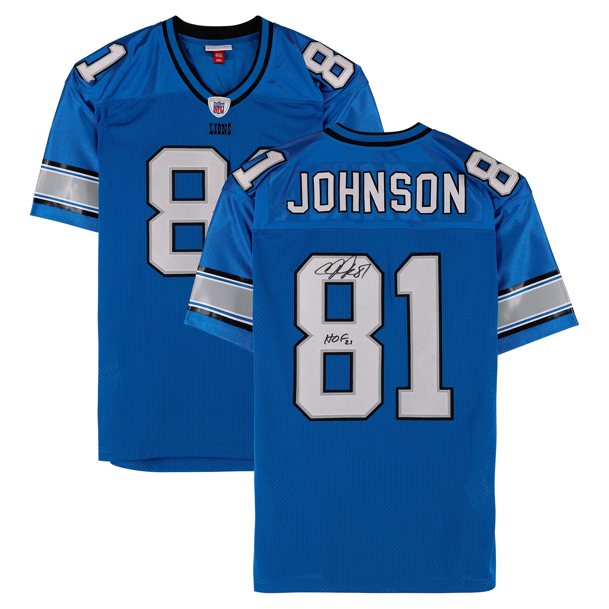 Maillot authentique bleu Mitchell & Ness 2007 autographié par Calvin Johnson (Detroit Lions) avec inscription « HOF 21 ».