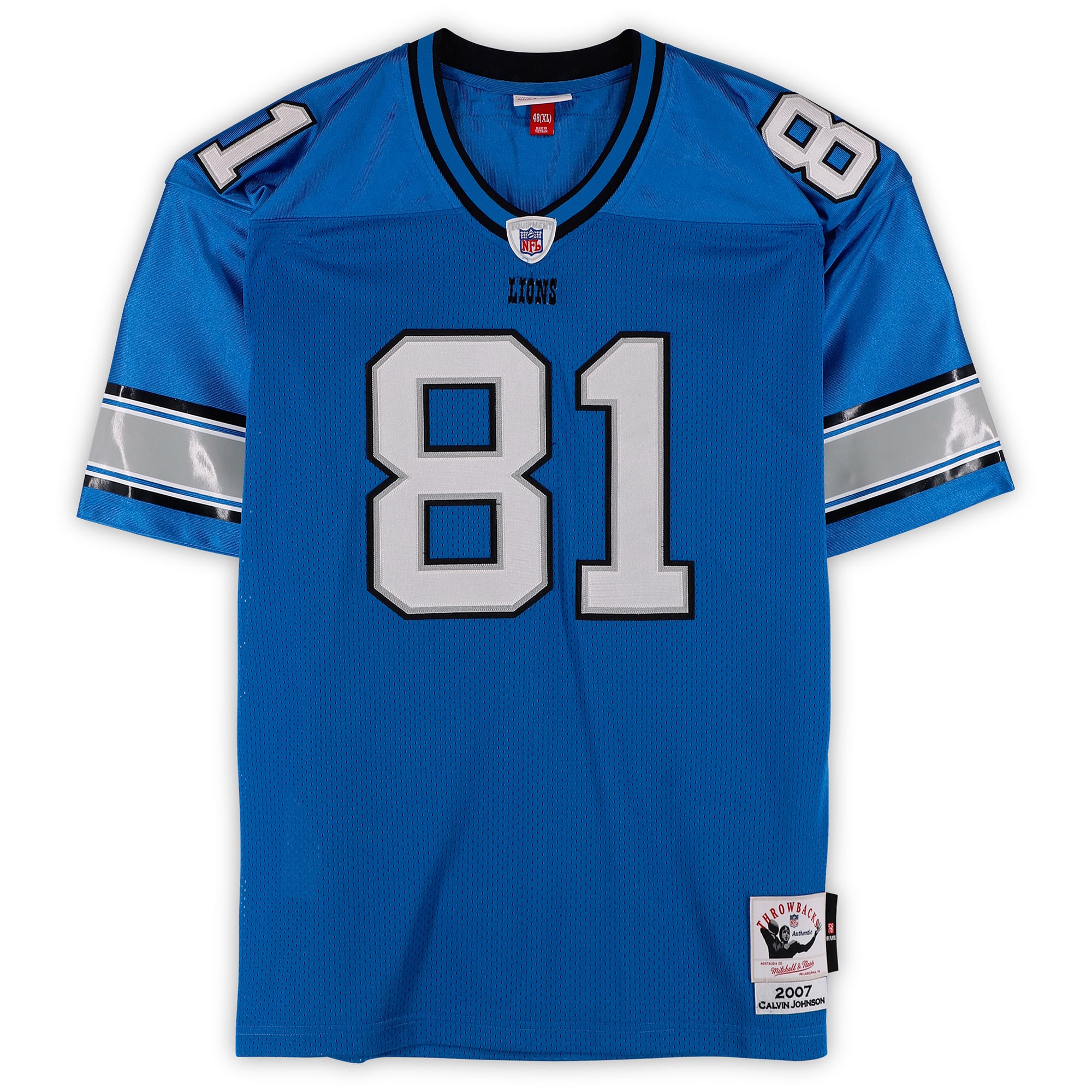 Maillot authentique bleu Mitchell & Ness 2007 autographié par Calvin Johnson des Lions de Detroit