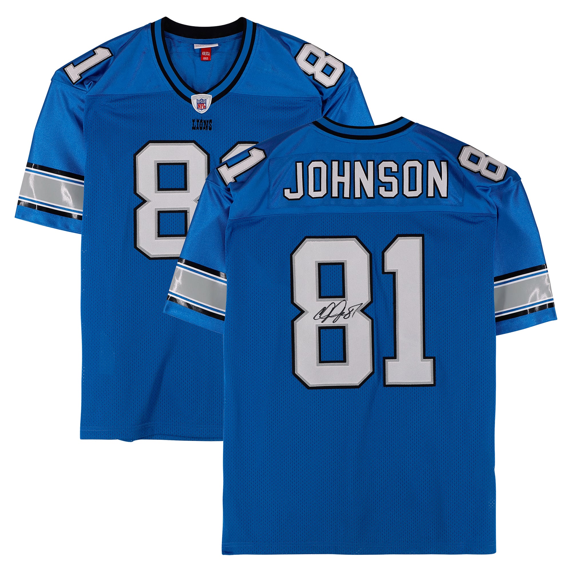 Maillot authentique bleu Mitchell & Ness 2007 autographié par Calvin Johnson des Lions de Detroit