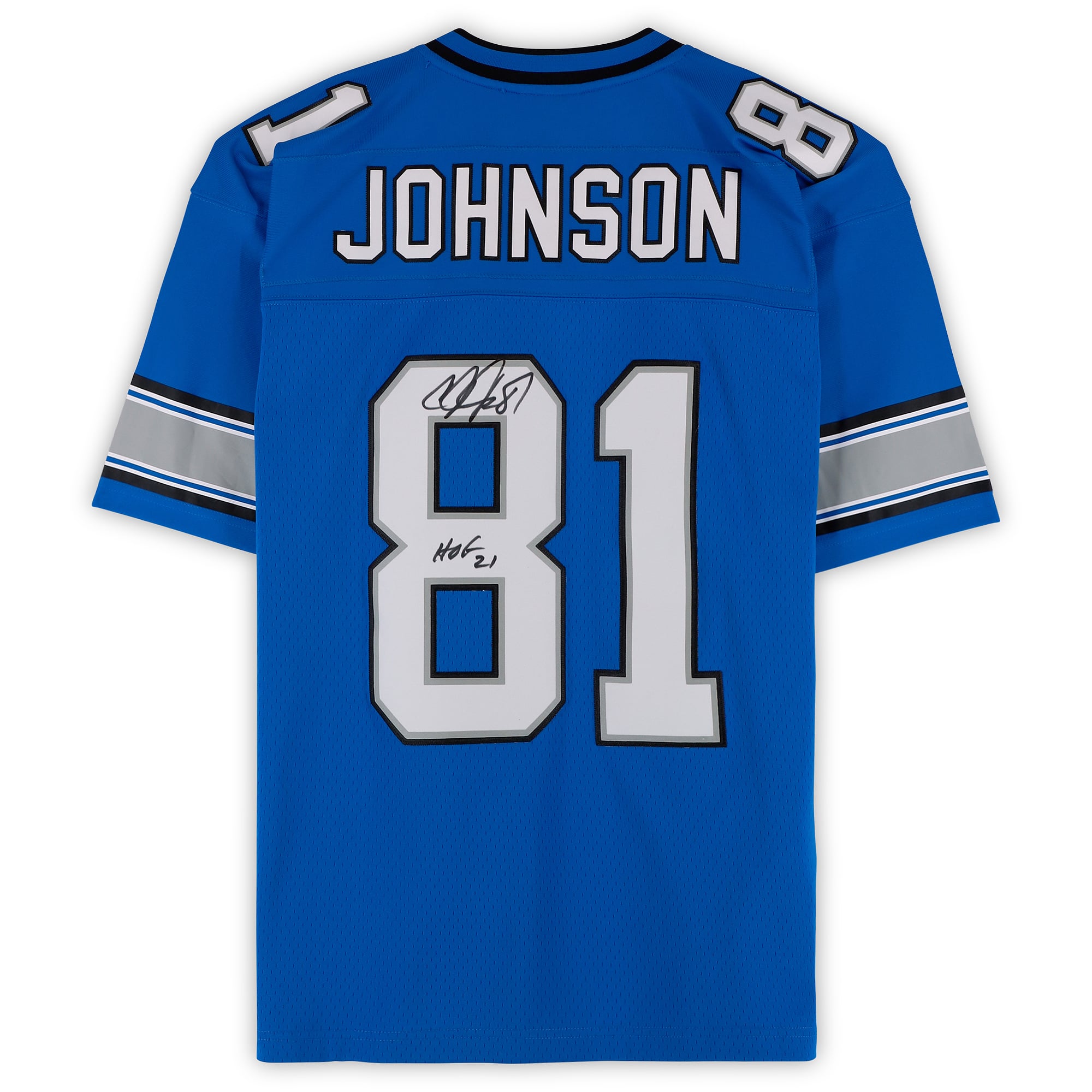 Maillot réplique bleu Mitchell & Ness 2007 autographié par Calvin Johnson (Detroit Lions) avec inscription « HOF 21 ».