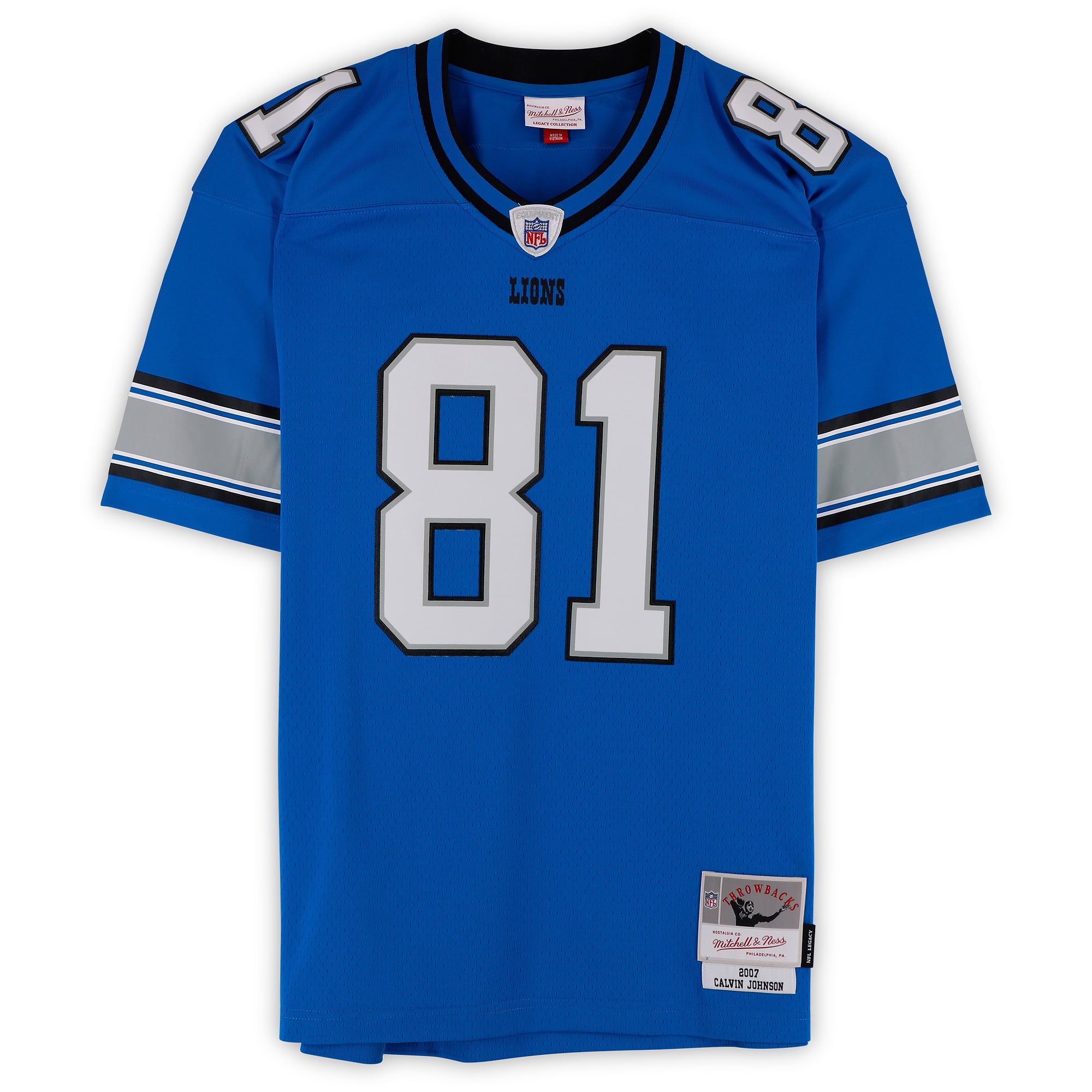 Maillot réplique bleu Mitchell & Ness 2007 autographié par Calvin Johnson (Detroit Lions) avec inscription « HOF 21 ».