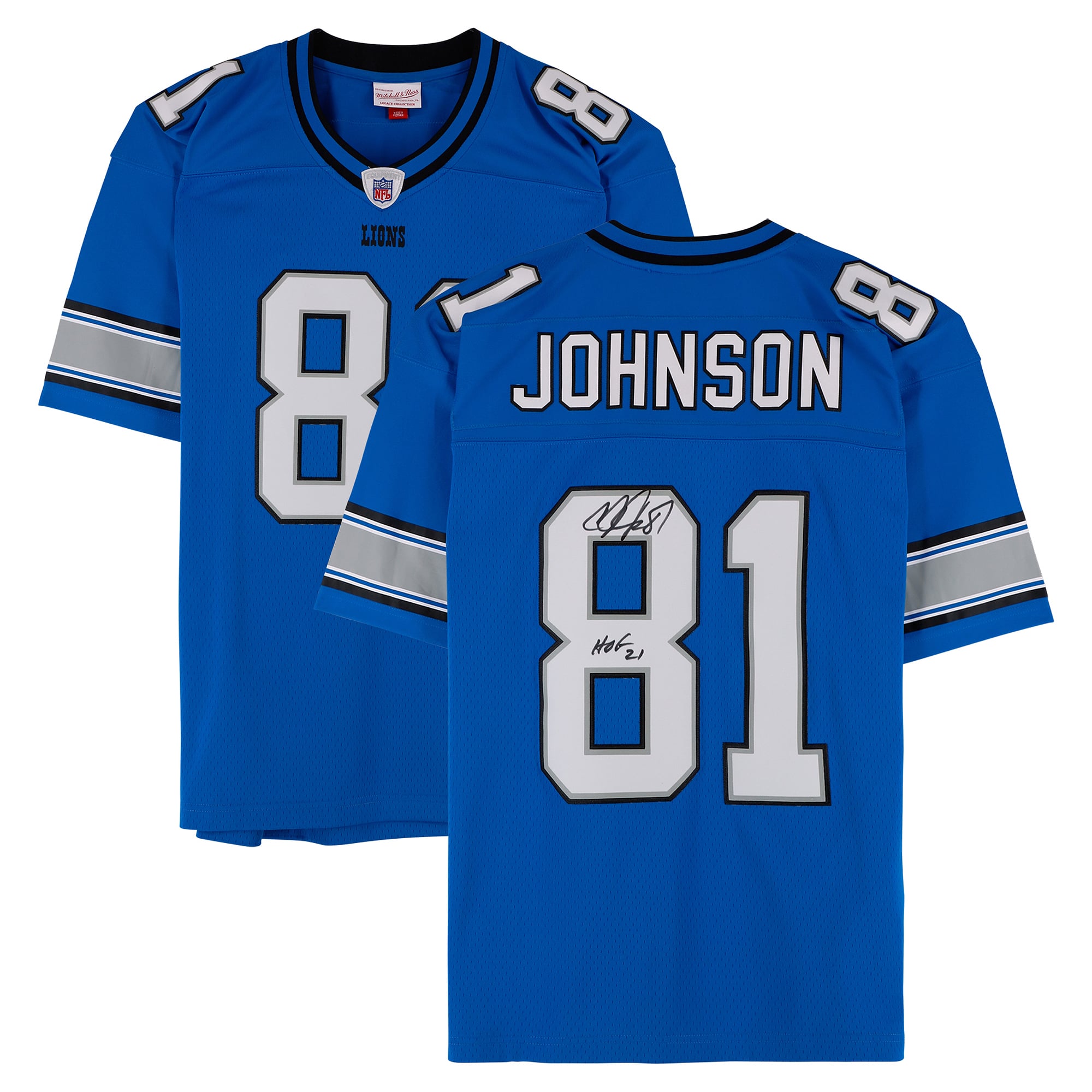 Maillot réplique bleu Mitchell & Ness 2007 autographié par Calvin Johnson (Detroit Lions) avec inscription « HOF 21 ».