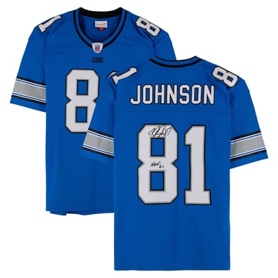Calvin Johnson Detroit Lions Autographed Fanatics Authentic Blue Mitchell & Ness 2007 Replica Jersey with "HOF 21" Inscription