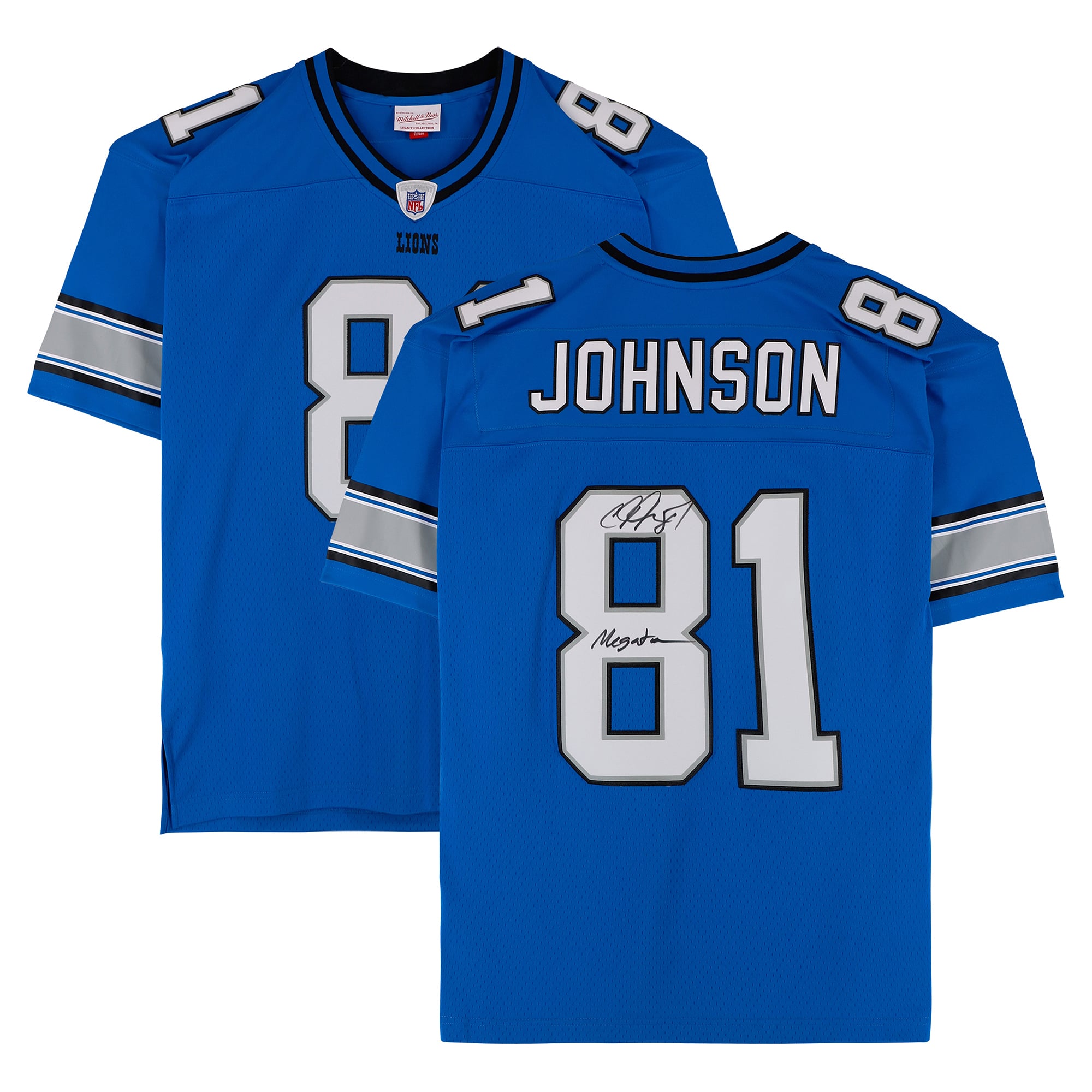 Maillot réplique bleu Mitchell & Ness 2007 autographié par Calvin Johnson (Detroit Lions) avec inscription « Megatron »