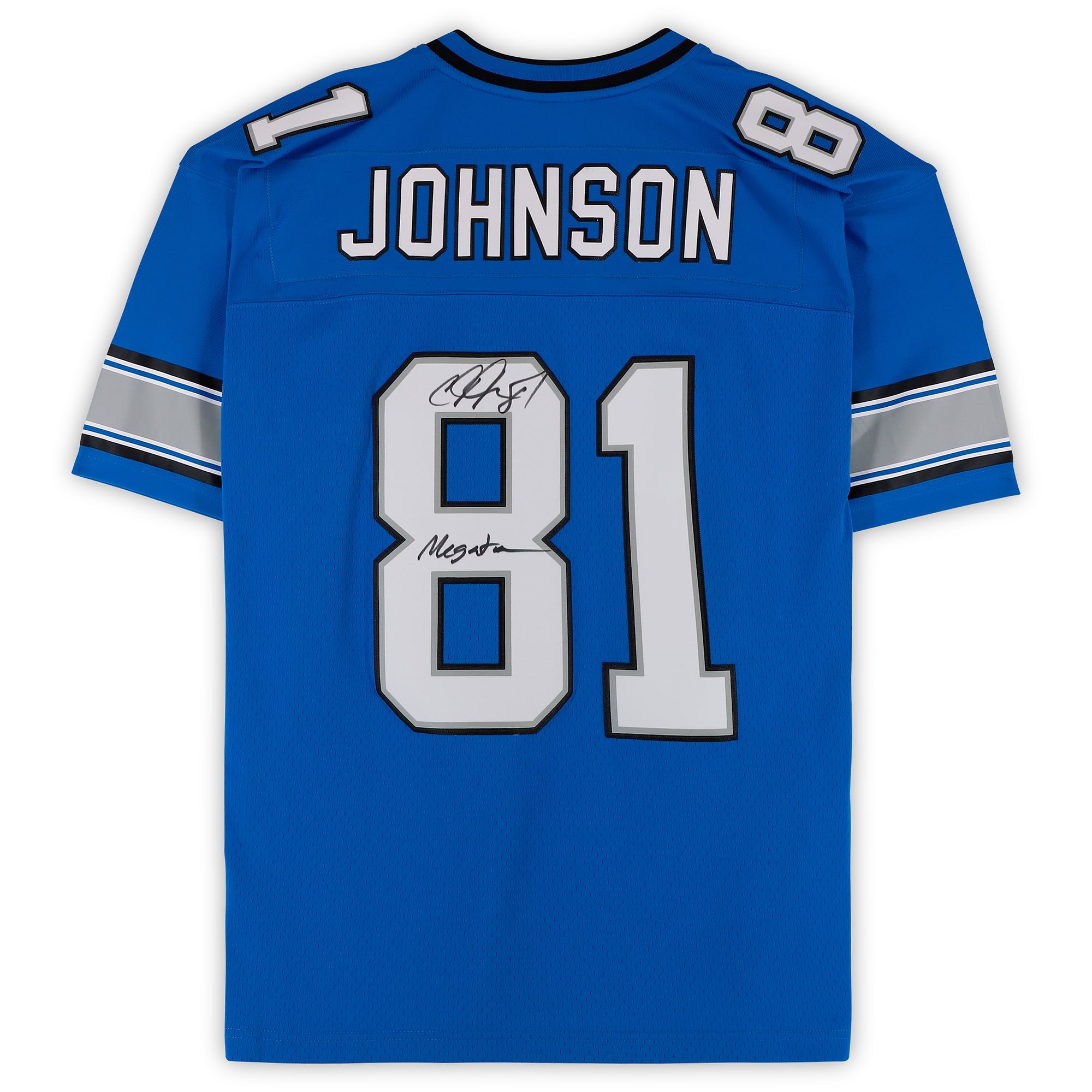 Maillot réplique bleu Mitchell & Ness 2007 autographié par Calvin Johnson (Detroit Lions) avec inscription « Megatron »