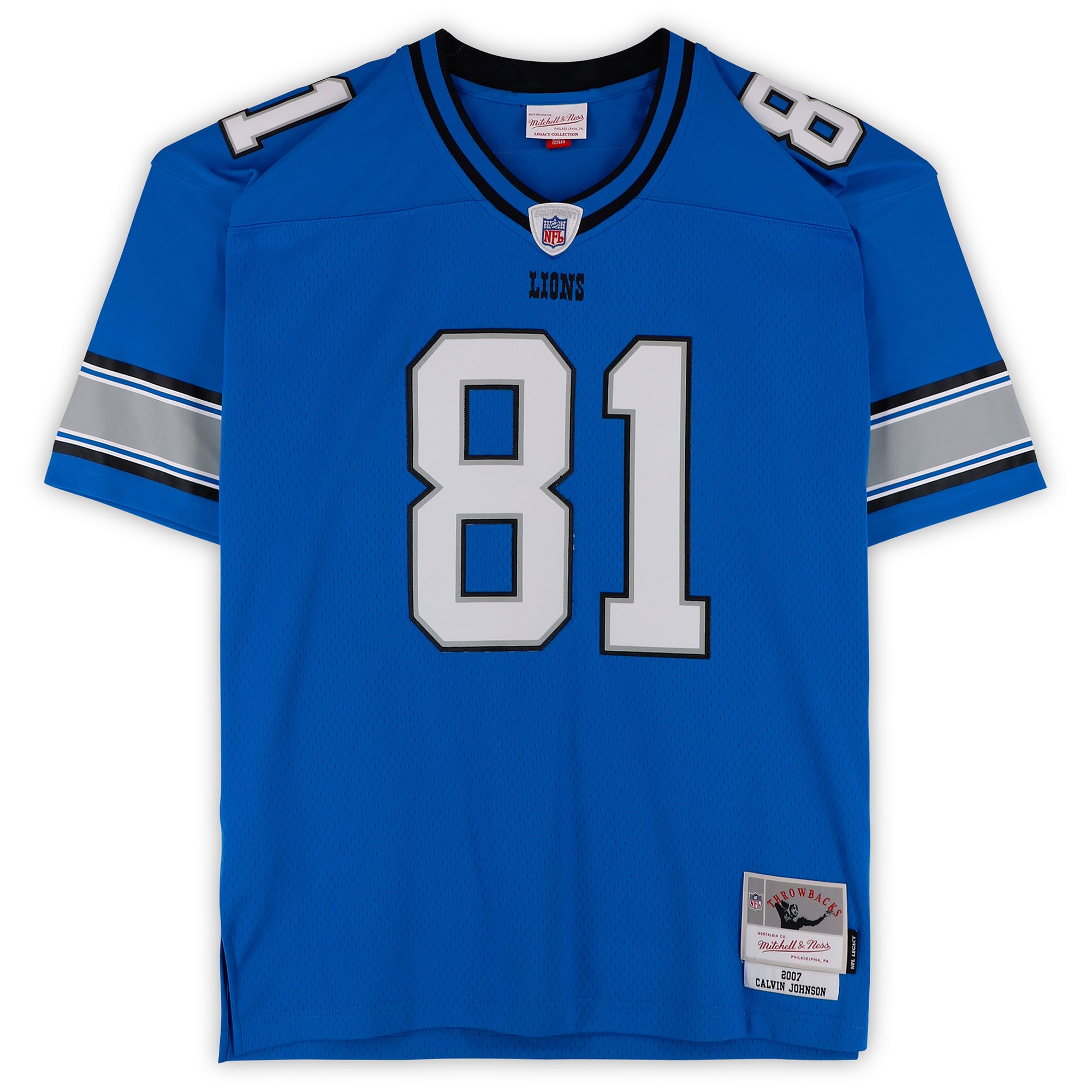 Maillot réplique bleu Mitchell & Ness 2007 autographié par Calvin Johnson (Detroit Lions) avec inscription « Megatron »