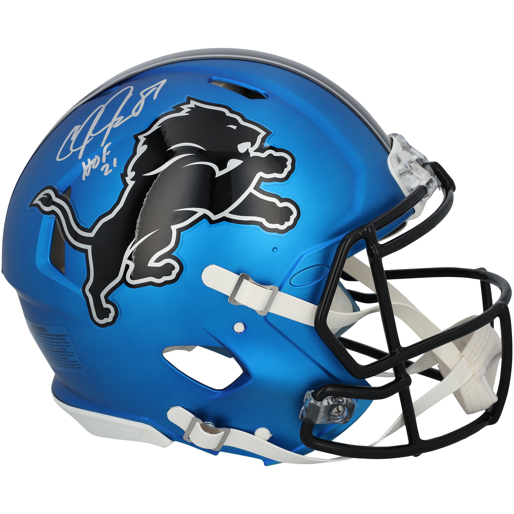 Casque Riddell Alternate Speed ​​Authentic 2024 autographié par Calvin Johnson (Detroit Lions) avec inscription « HOF 21 ».