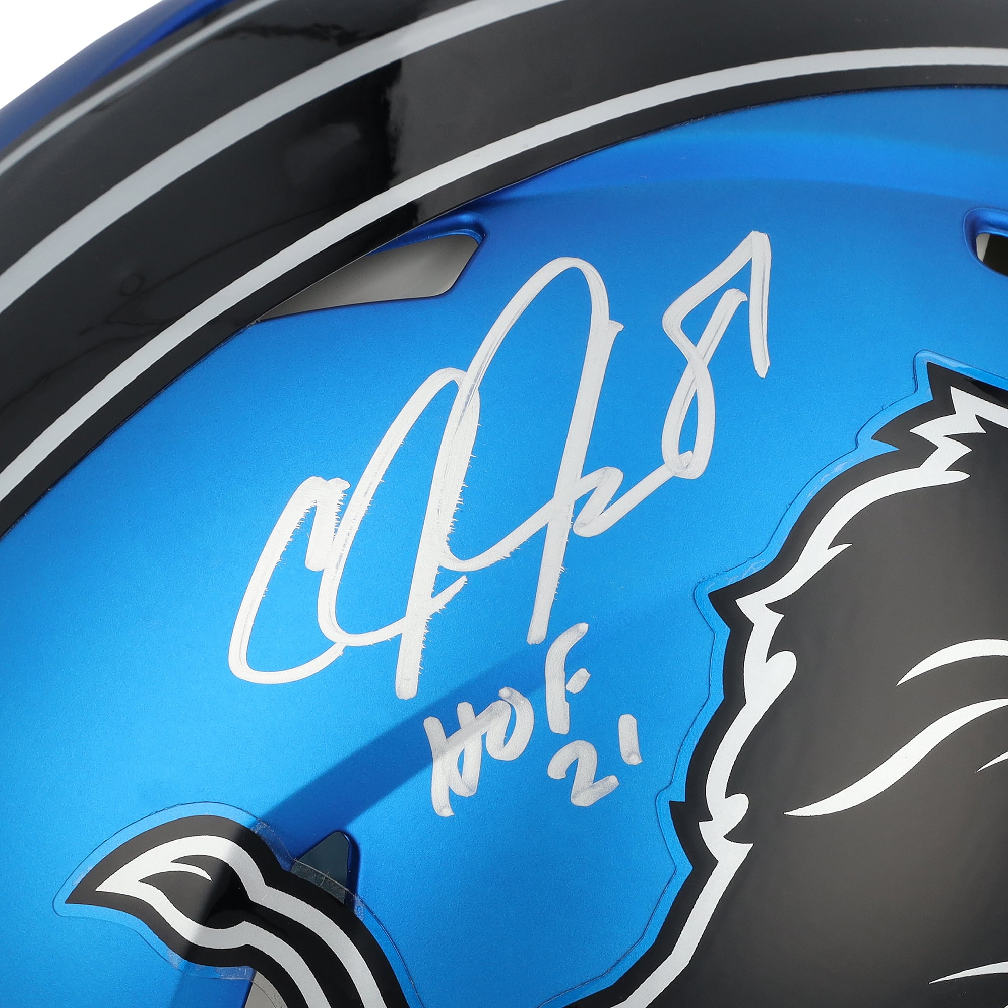 Casque Riddell Alternate Speed ​​Authentic 2024 autographié par Calvin Johnson (Detroit Lions) avec inscription « HOF 21 ».