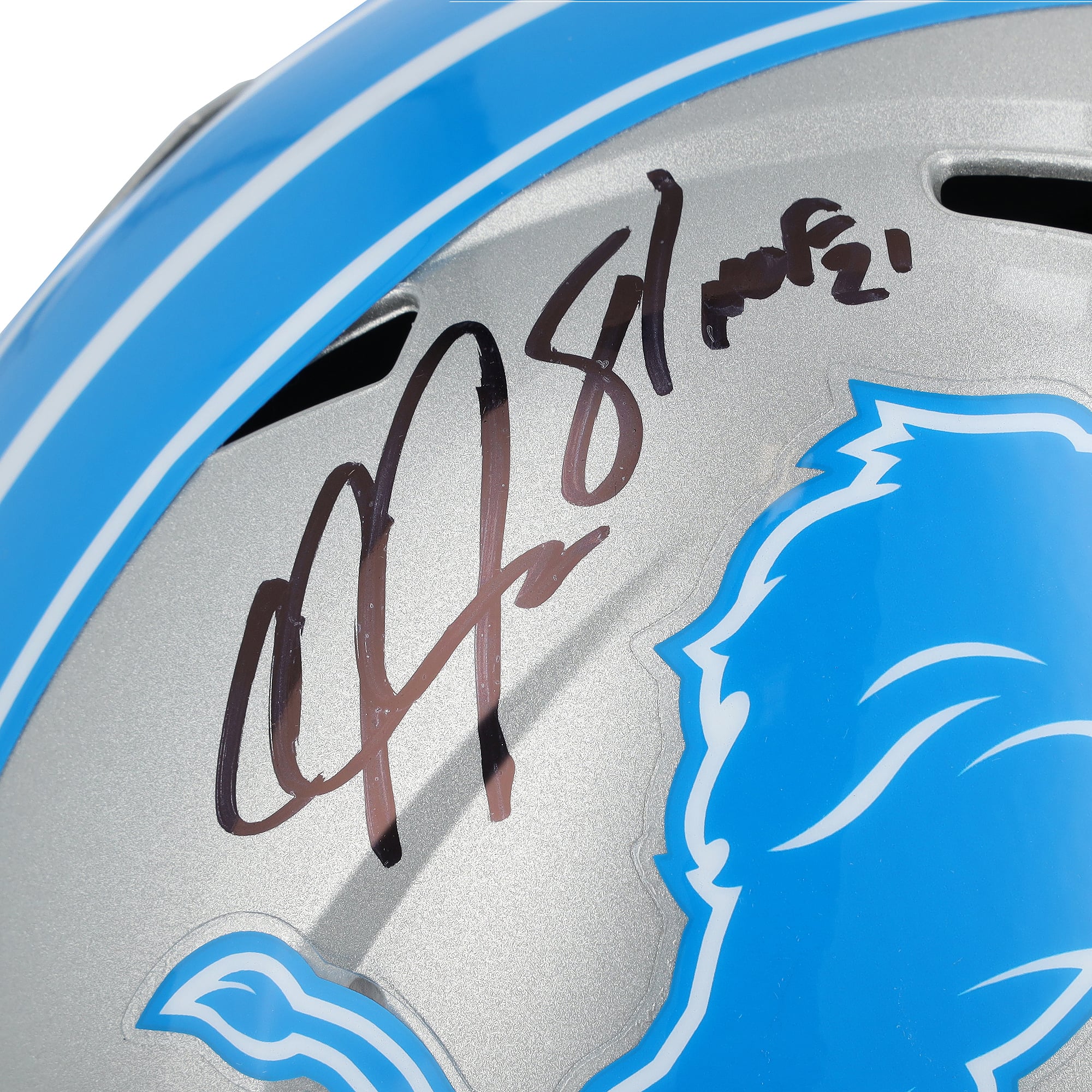Casque réplique Riddell Speed ​​2024 autographié par Calvin Johnson (Detroit Lions) avec inscription « HOF 21 »