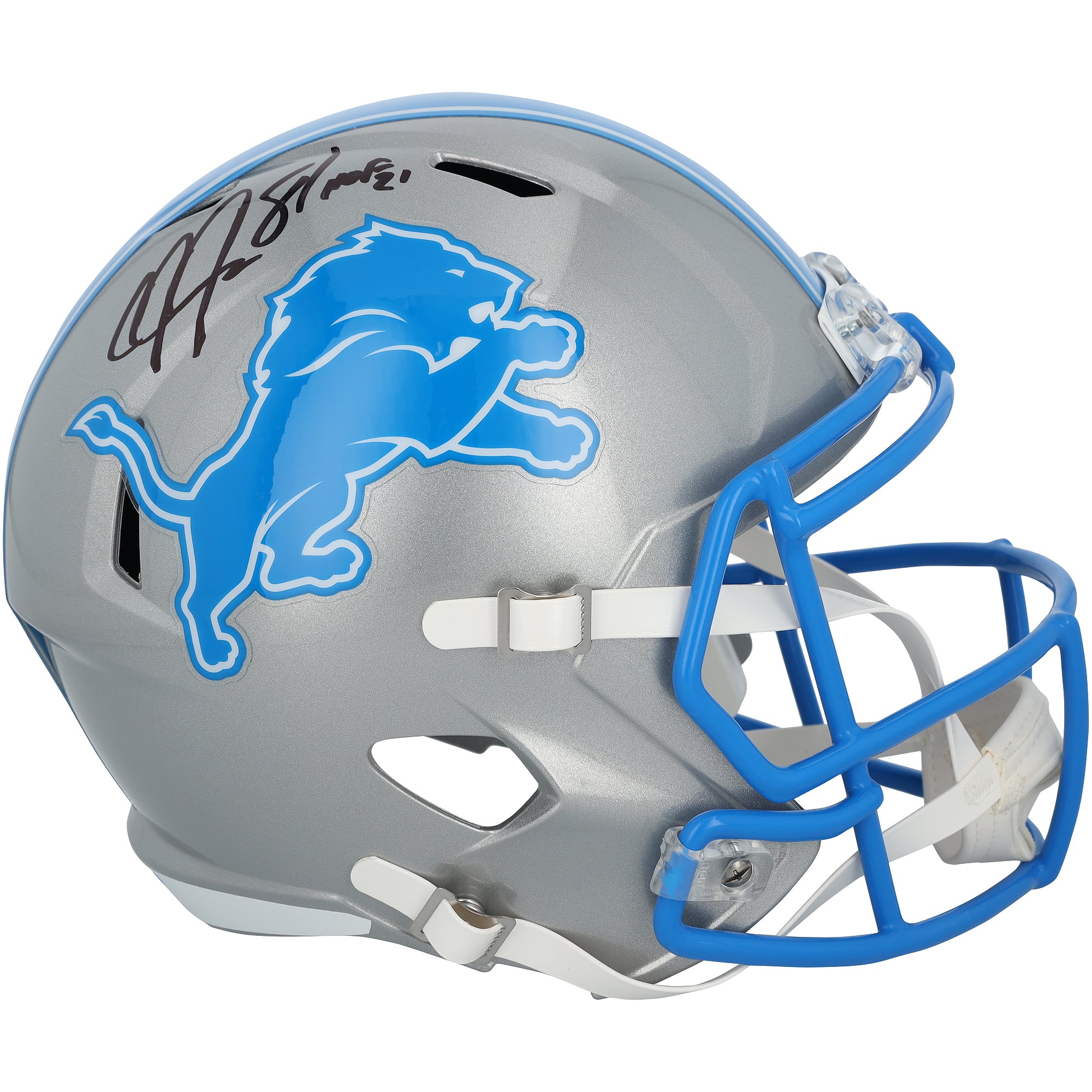 Casque réplique Riddell Speed ​​2024 autographié par Calvin Johnson (Detroit Lions) avec inscription « HOF 21 »