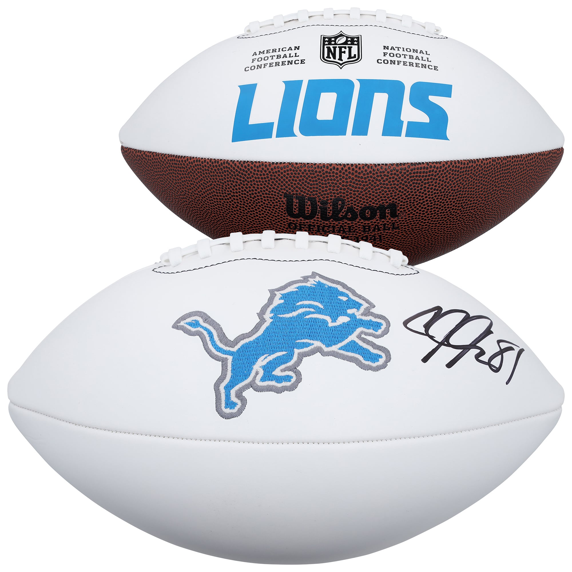 Ballon de football Wilson White Panel autographié par Calvin Johnson des Detroit Lions