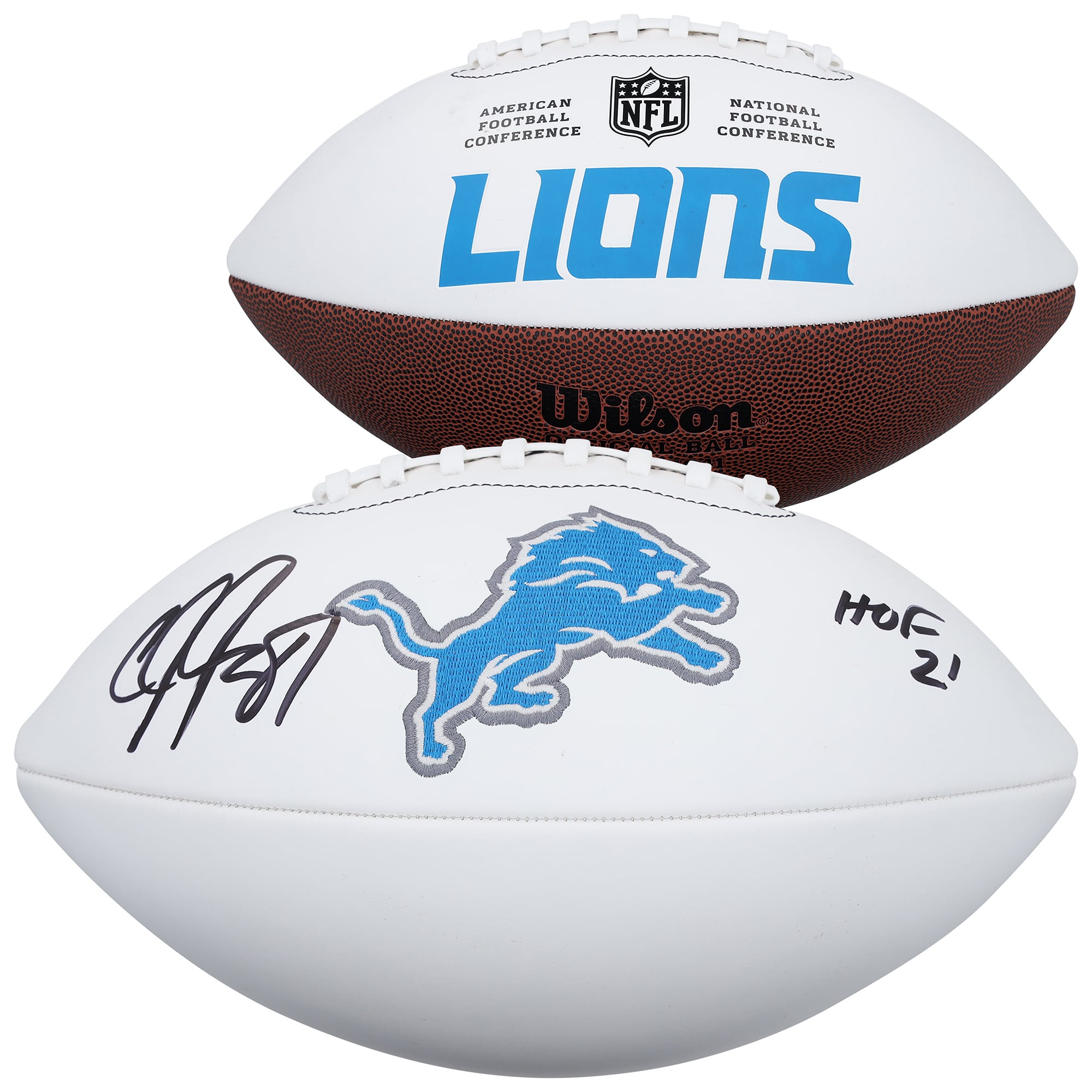 Ballon de football américain Wilson White Panel autographié par Calvin Johnson (Detroit Lions) avec inscription « HOF 21 ».