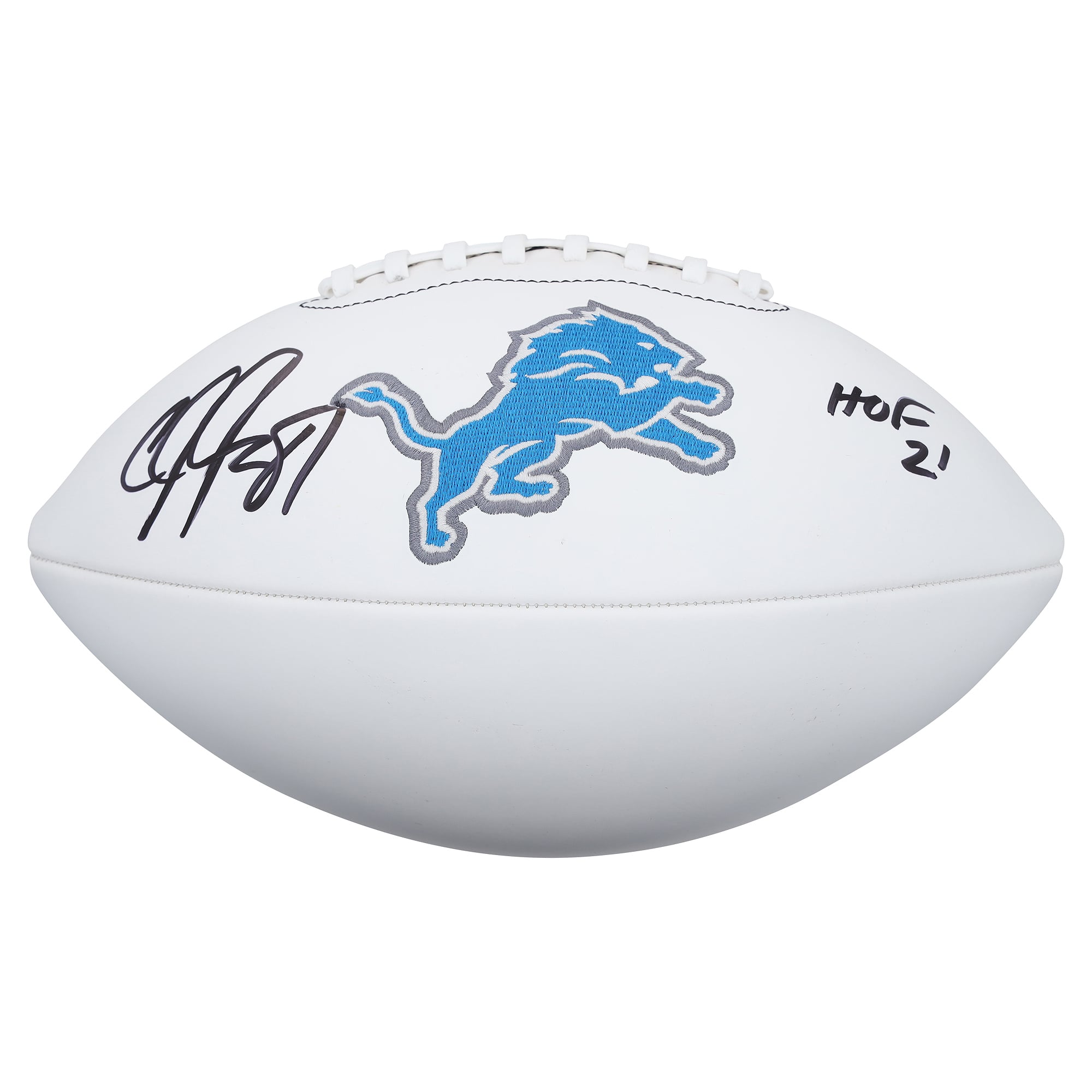 Ballon de football américain Wilson White Panel autographié par Calvin Johnson (Detroit Lions) avec inscription « HOF 21 ».