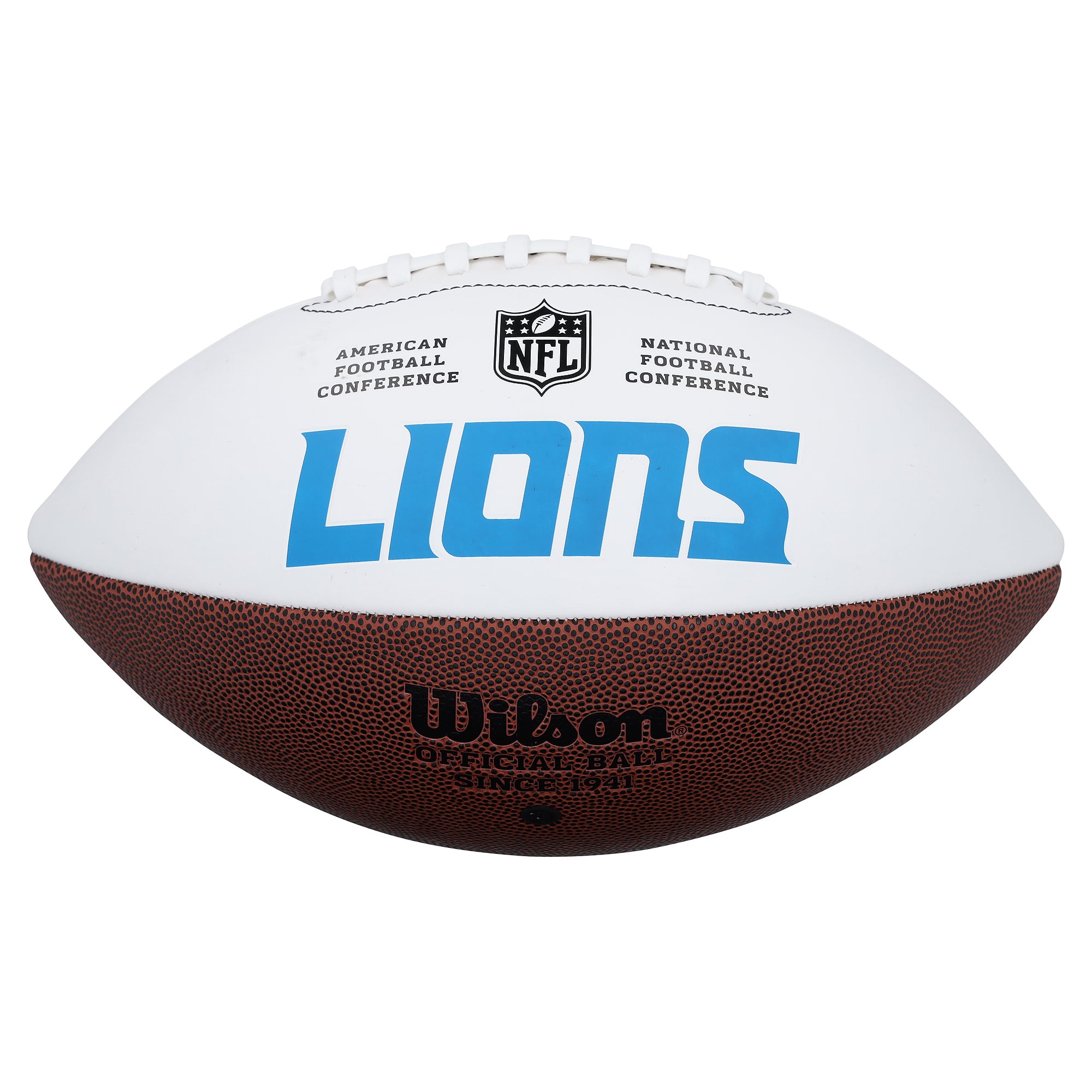 Ballon de football américain Wilson White Panel autographié par Calvin Johnson (Detroit Lions) avec inscription « HOF 21 ».