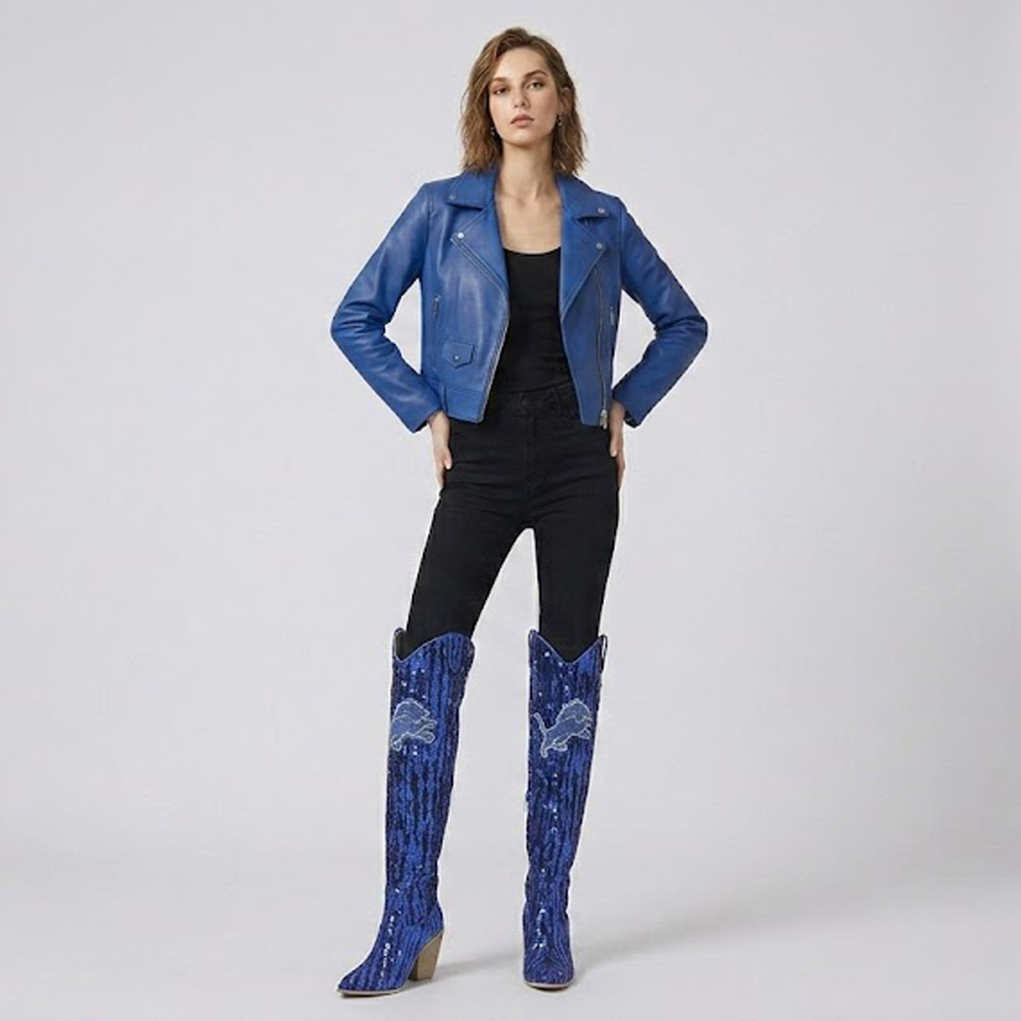 FABGATING by Cuce  Detroit Lions Over-the-Knee Two-Tone Sequin Boots