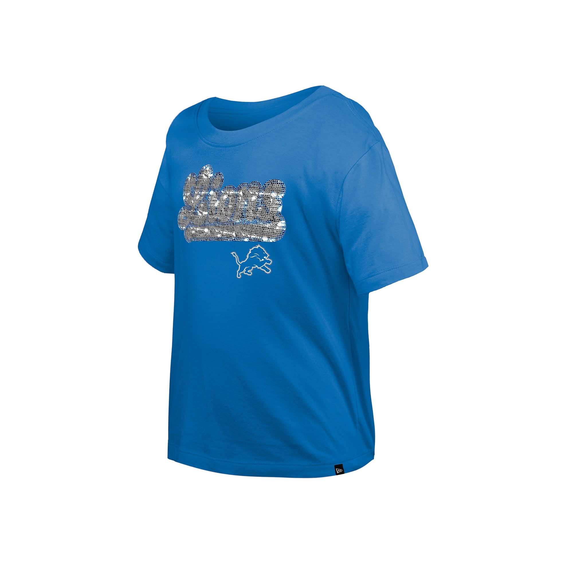 Girls Youth New Era Blue Detroit Lions Flip Sequin Boxy T-Shirt