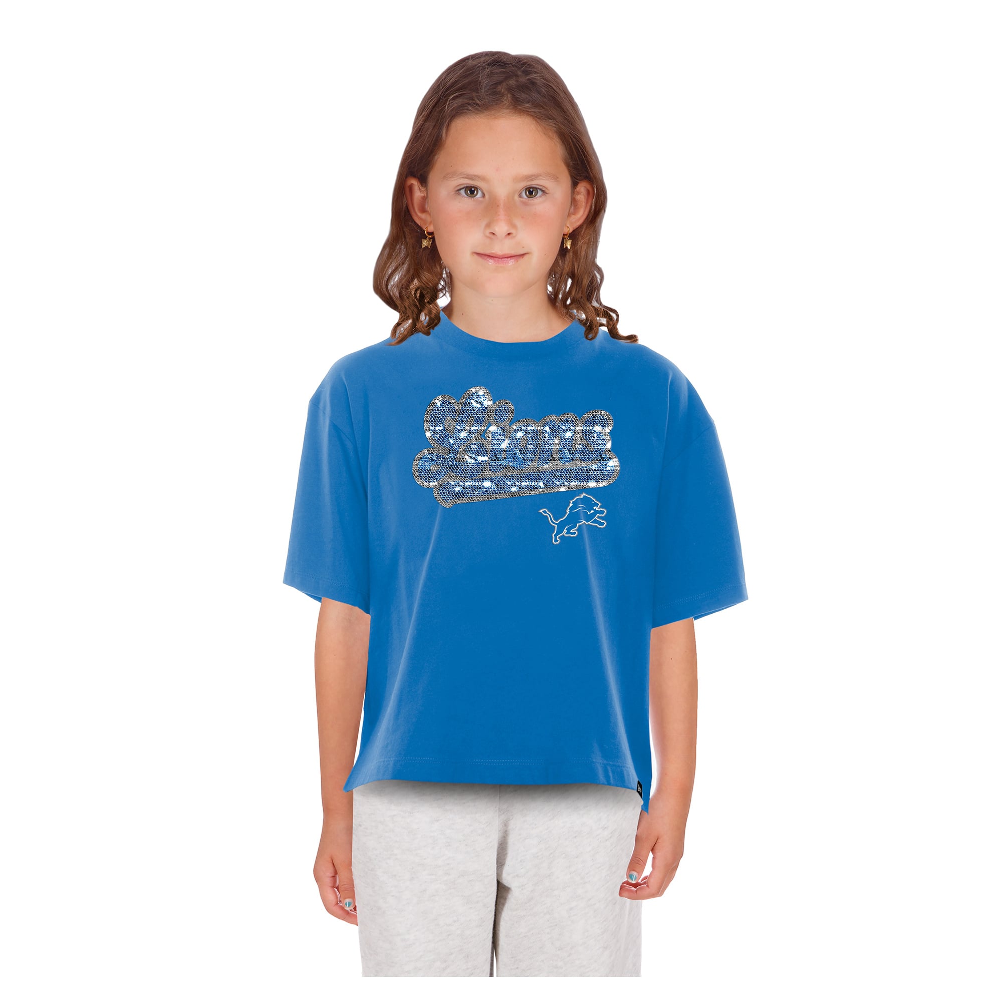 Girls Youth New Era  Blue Detroit Lions Flip Sequin Boxy T-Shirt