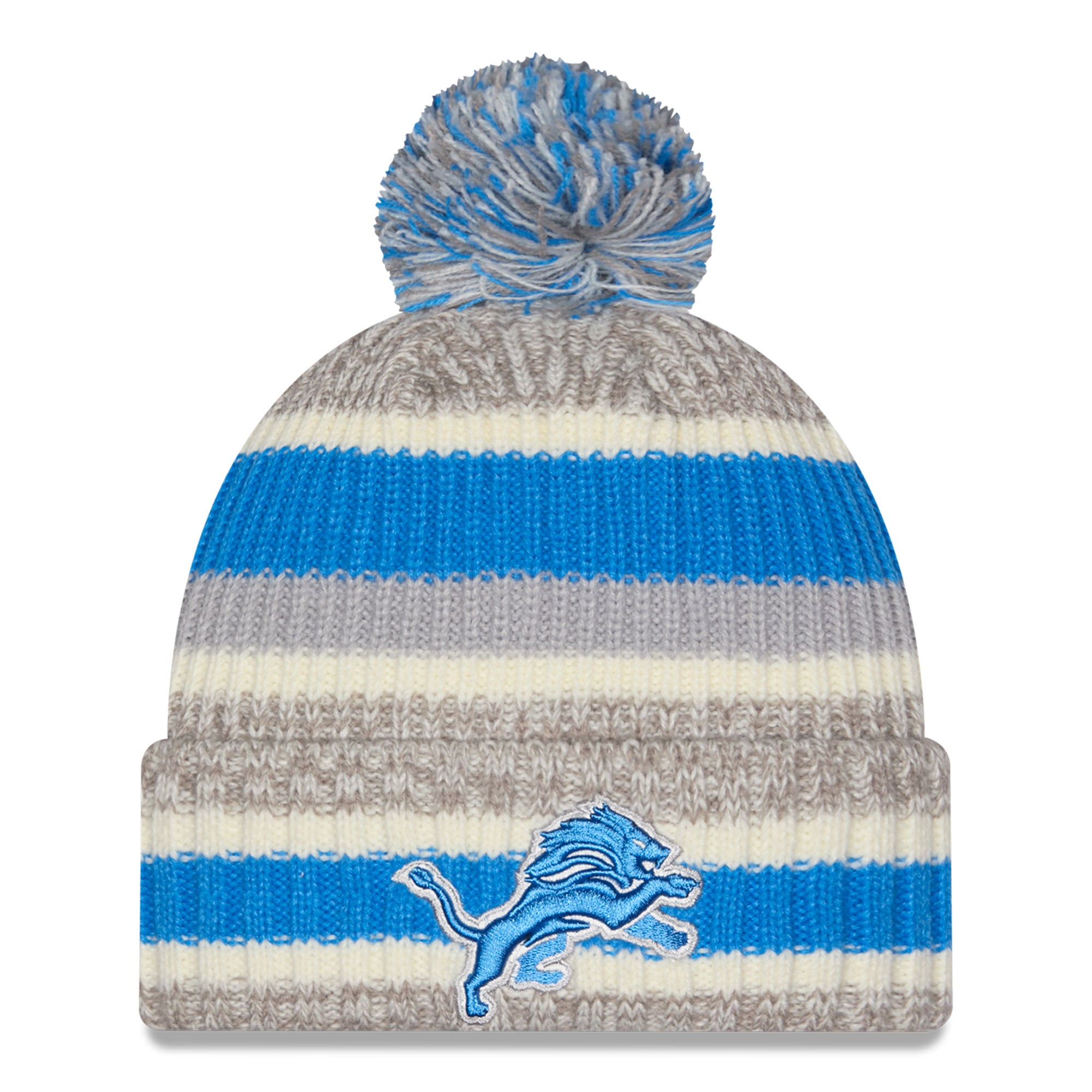 Bonnet à revers rayé Detroit Lions argenté/beige New Era pour fille avec pompon