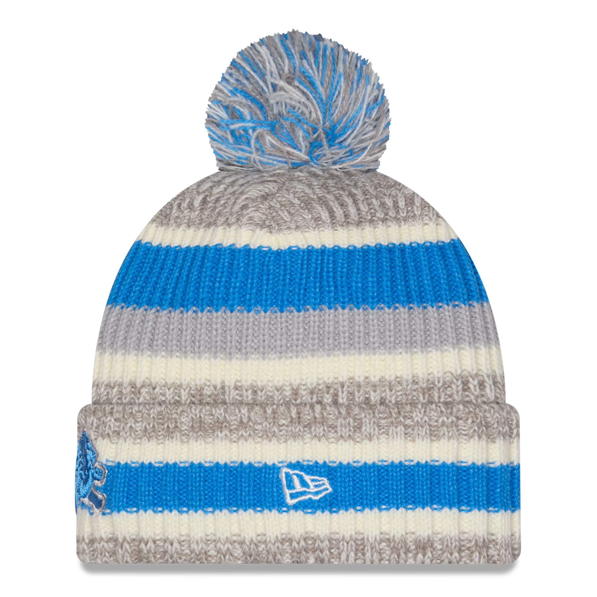 Bonnet à revers rayé Detroit Lions argenté/beige New Era pour fille avec pompon