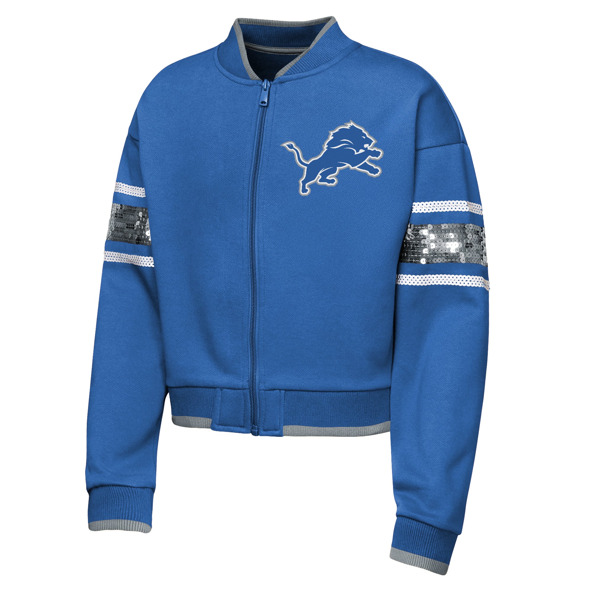 Girls Youth Outerstuff  Blue Detroit Lions MVP Full-Zip Sequin Bomber Jacket
