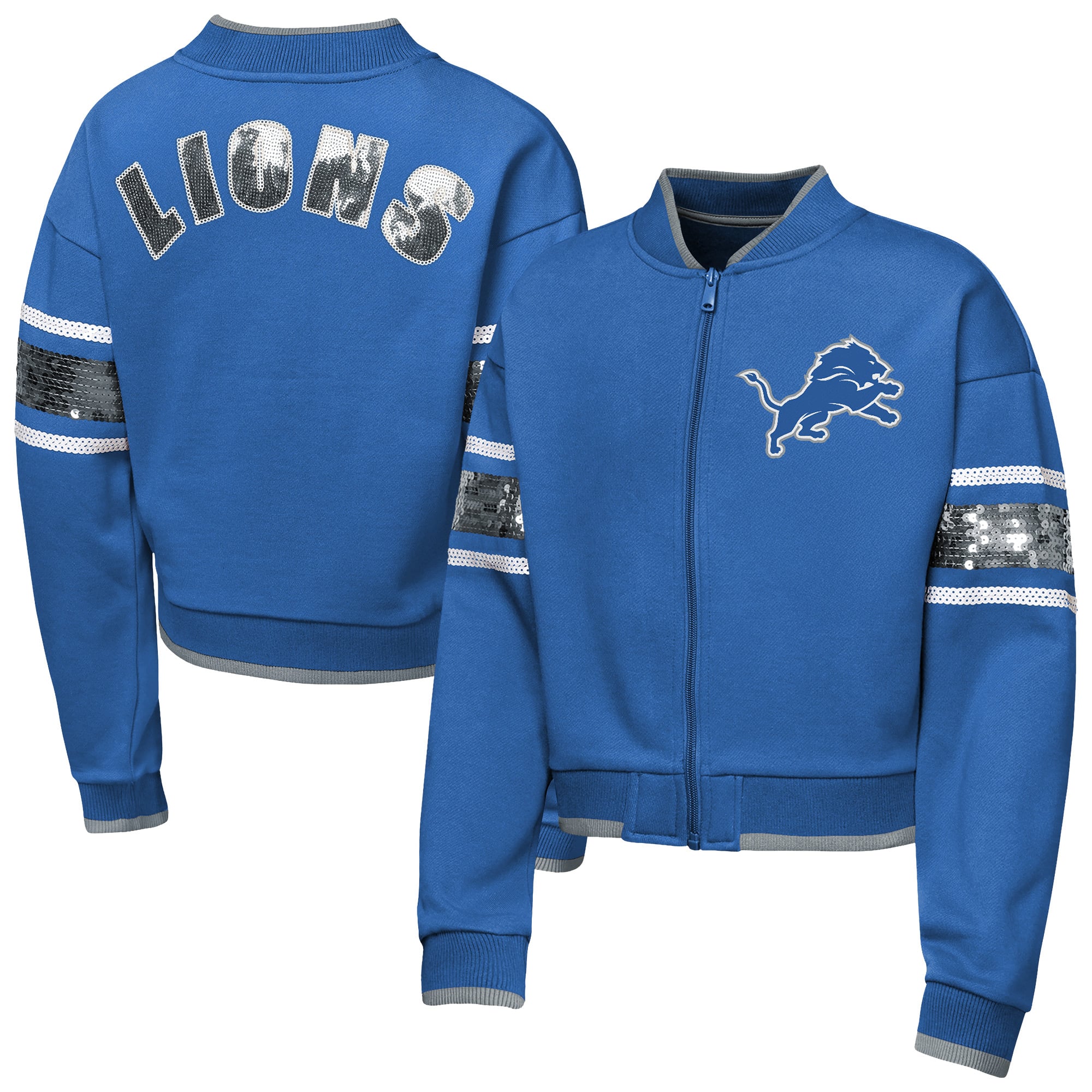 Girls Youth Outerstuff Blue Detroit Lions MVP Full-Zip Sequin Bomber Jacket