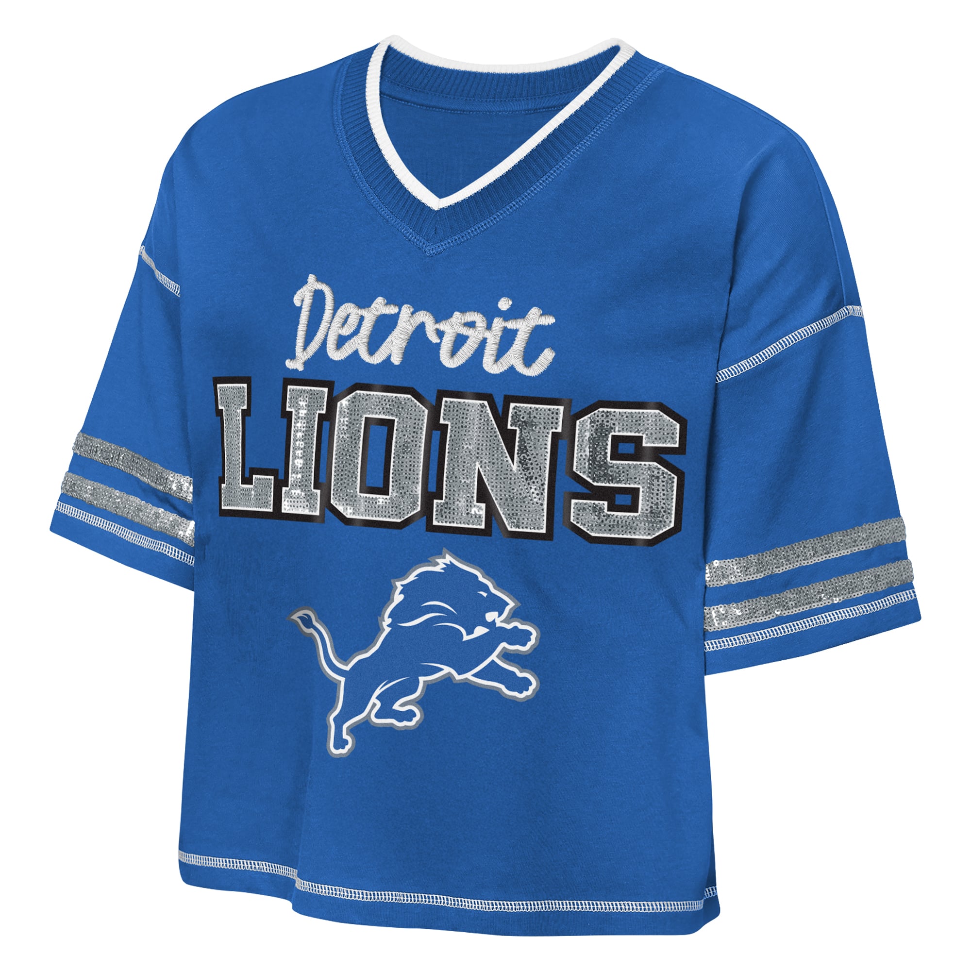 Girls Youth Outerstuff Blue Detroit Lions Toe Tap Sequin T-Shirt