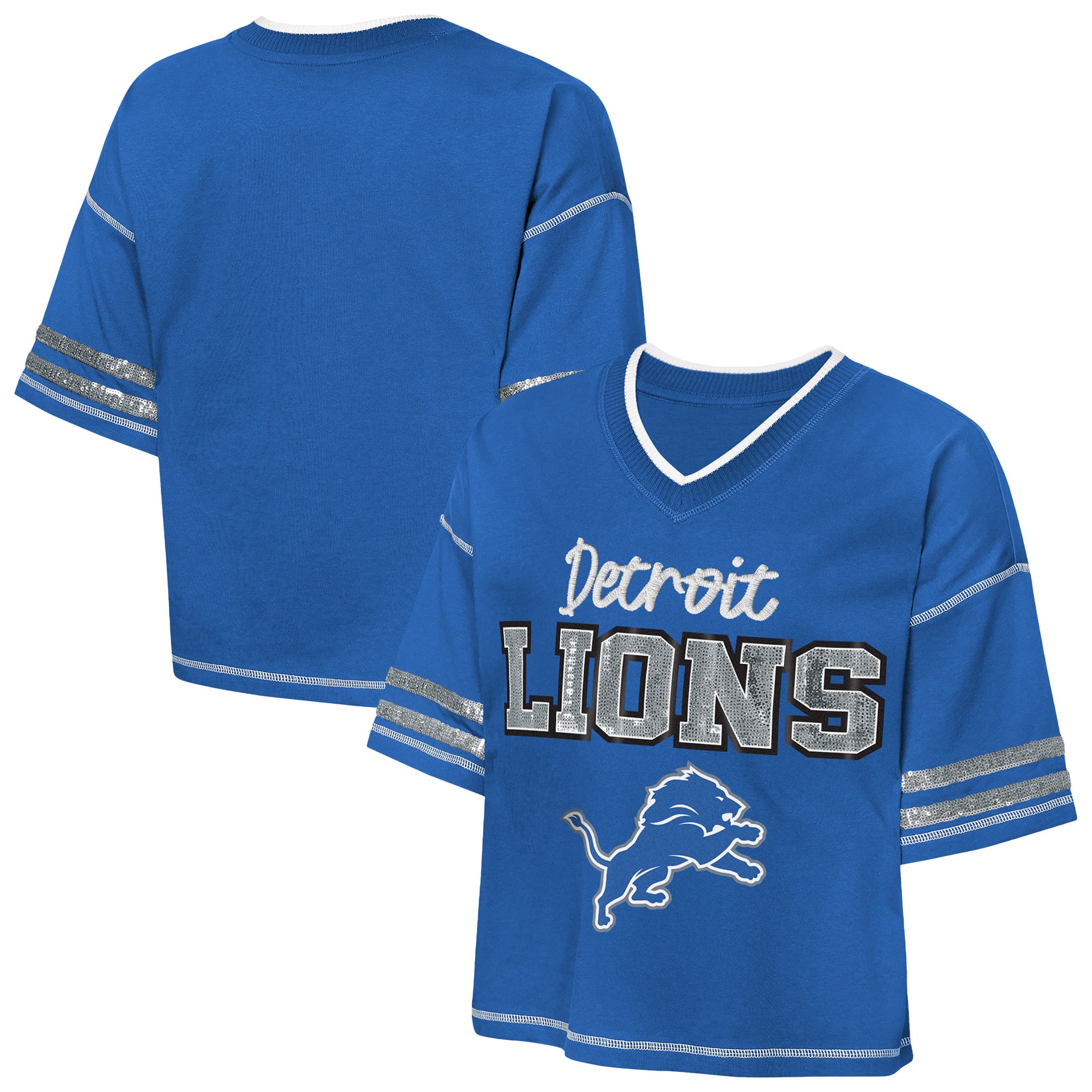 Girls Youth Outerstuff Blue Detroit Lions Toe Tap Sequin T-Shirt