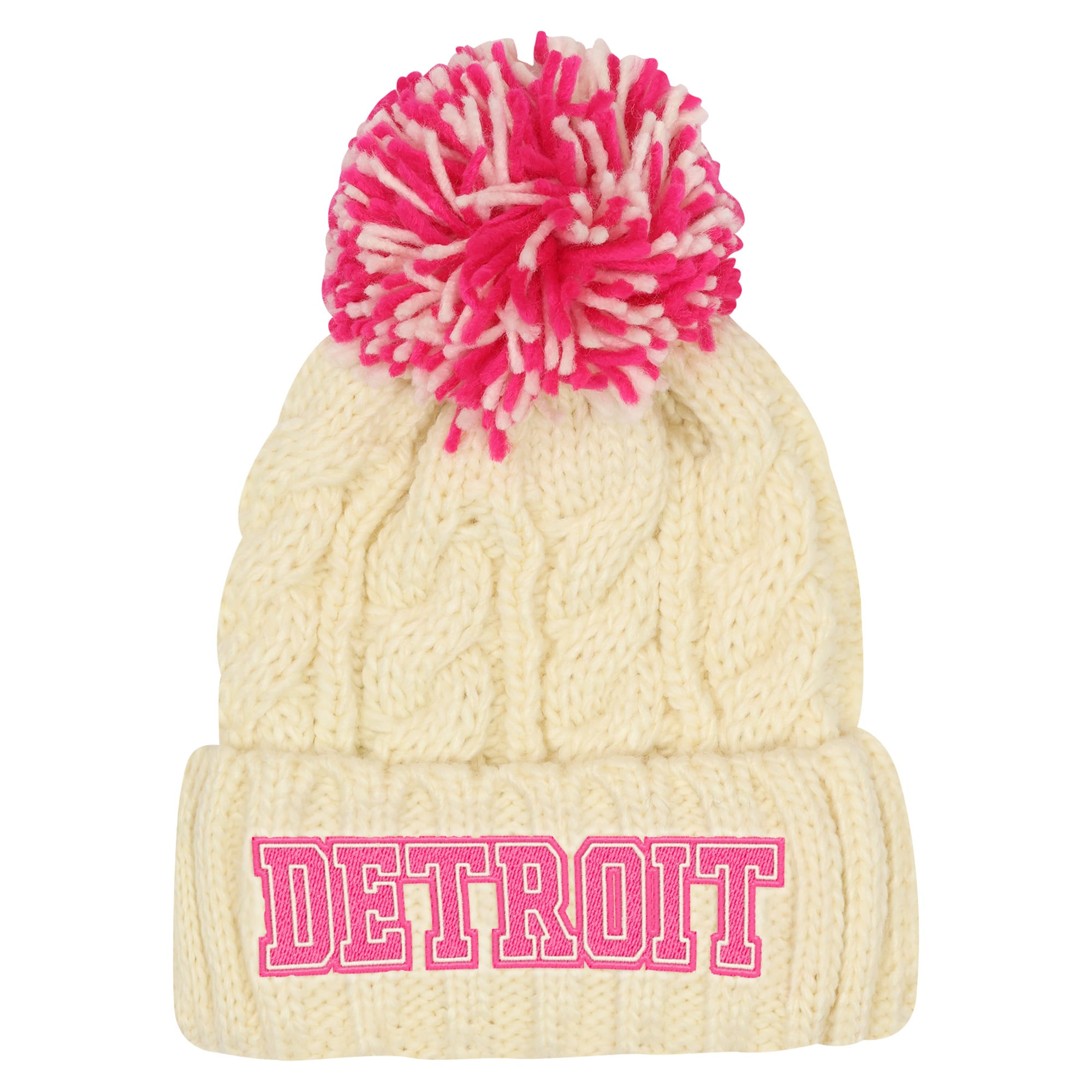 Girls Youth Outerstuff Cream Detroit Lions Cable Cuffed Knit Hat with Pom
