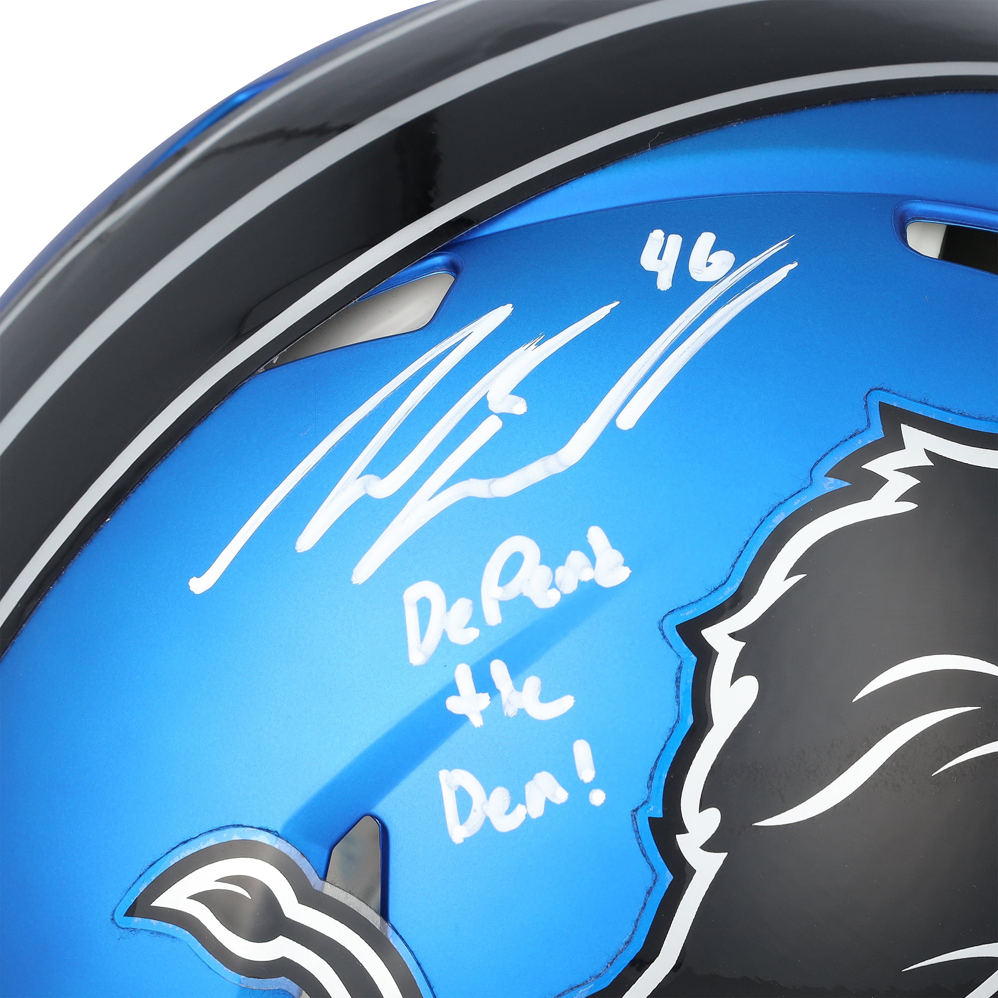 Casque Riddell Alternate Speed Authentic 2024 autographié par Jack Campbell des Detroit Lions, avec inscription « Defend The Den ».