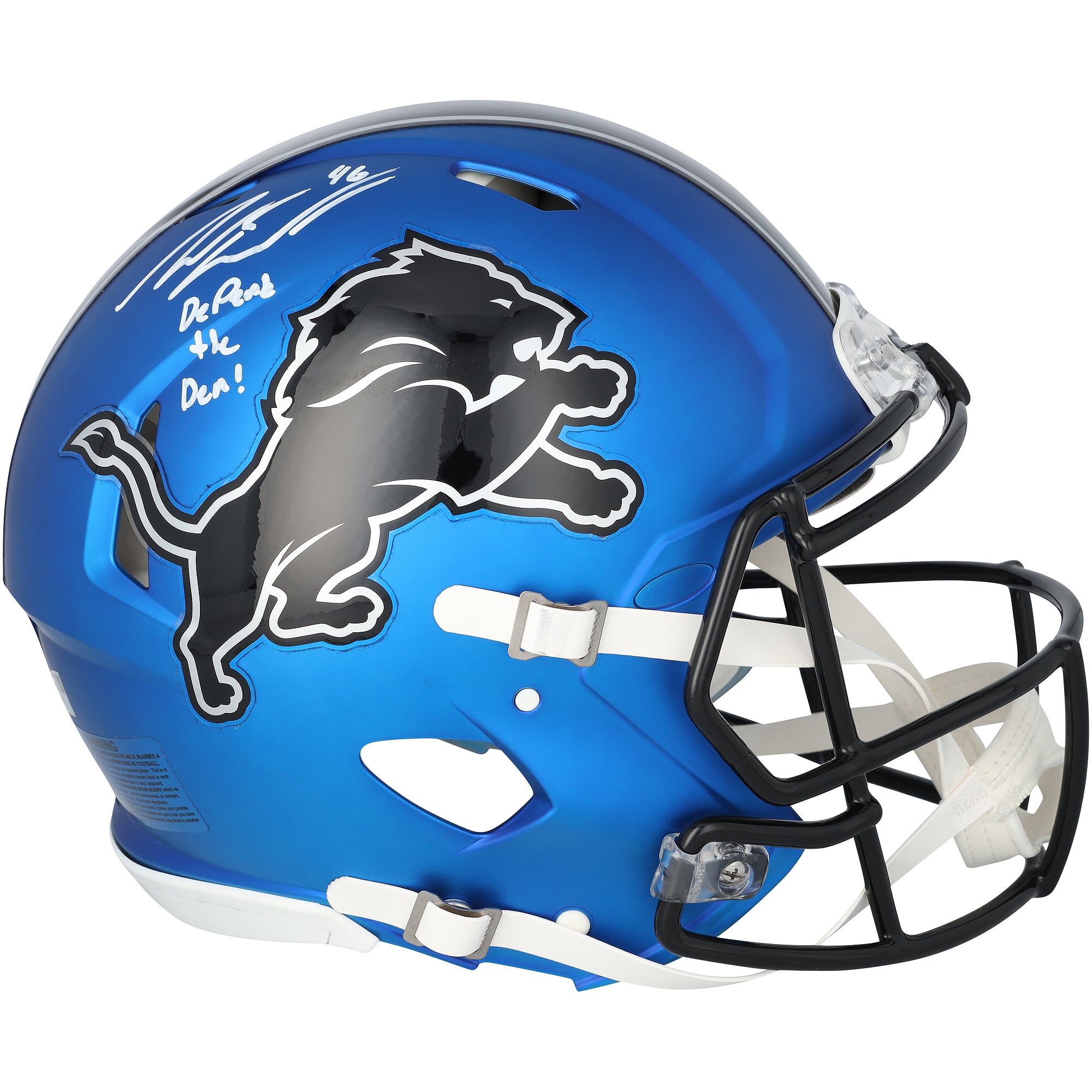 Casque Riddell Alternate Speed Authentic 2024 autographié par Jack Campbell des Detroit Lions, avec inscription « Defend The Den ».