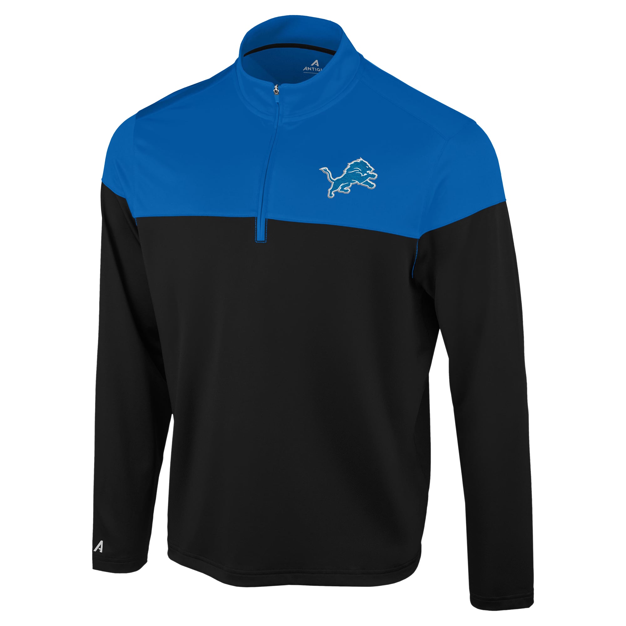 Pull à col zippé Antigua noir et bleu Detroit Lions pour homme