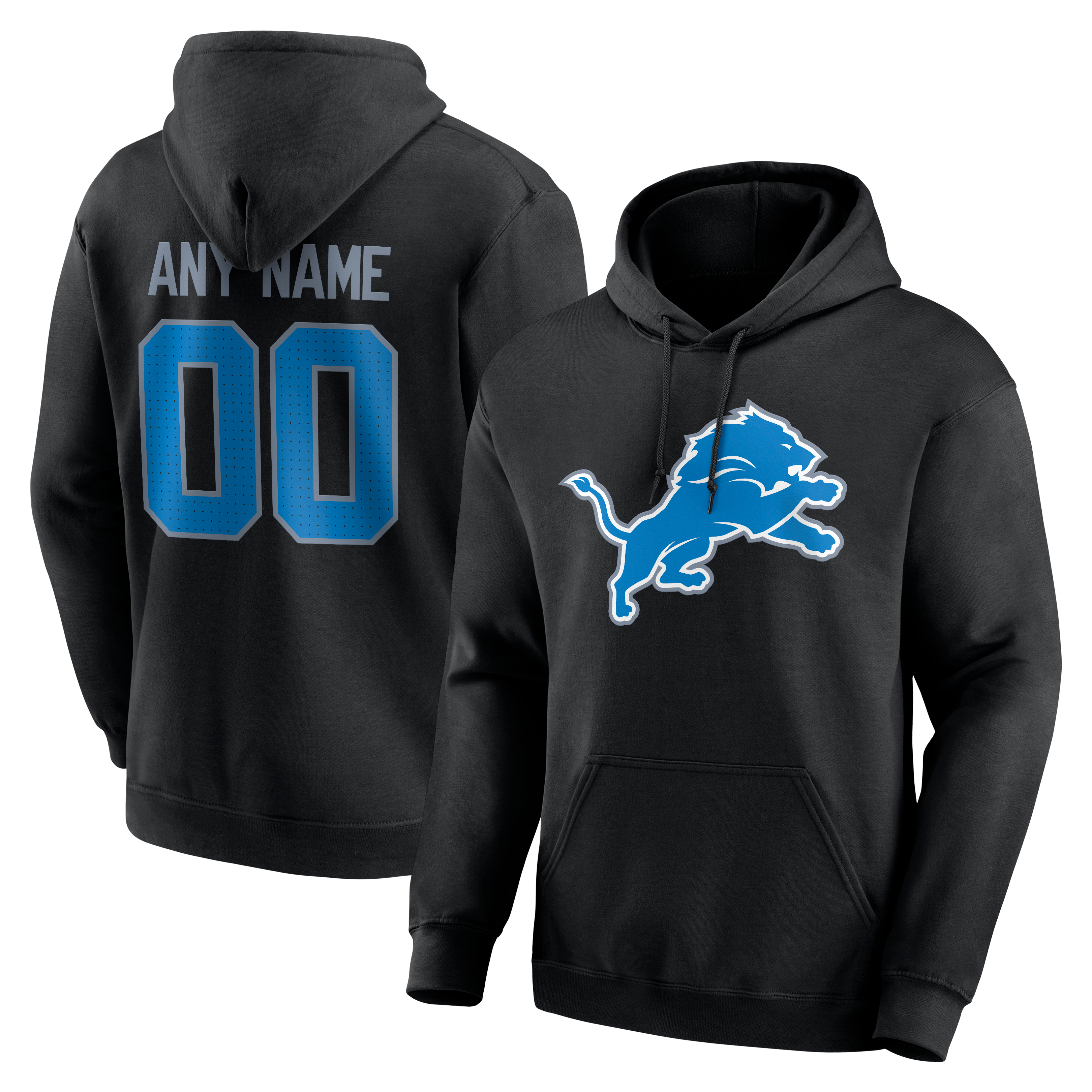 Sweat à capuche noir authentique pour homme des Detroit Lions, personnalisé avec nom et numéro.