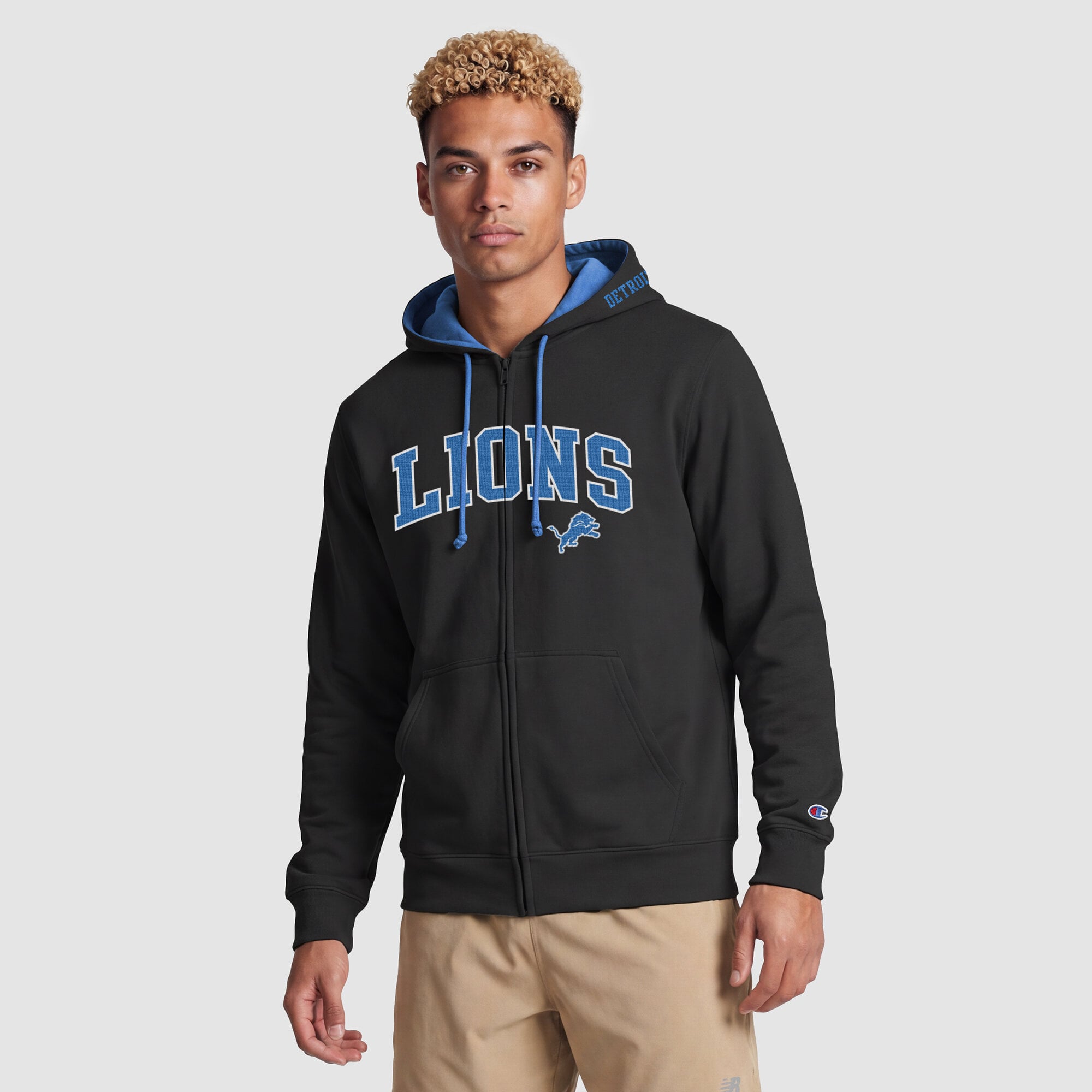 Sweat à capuche zippé Champion bleu/noir Detroit Lions pour homme