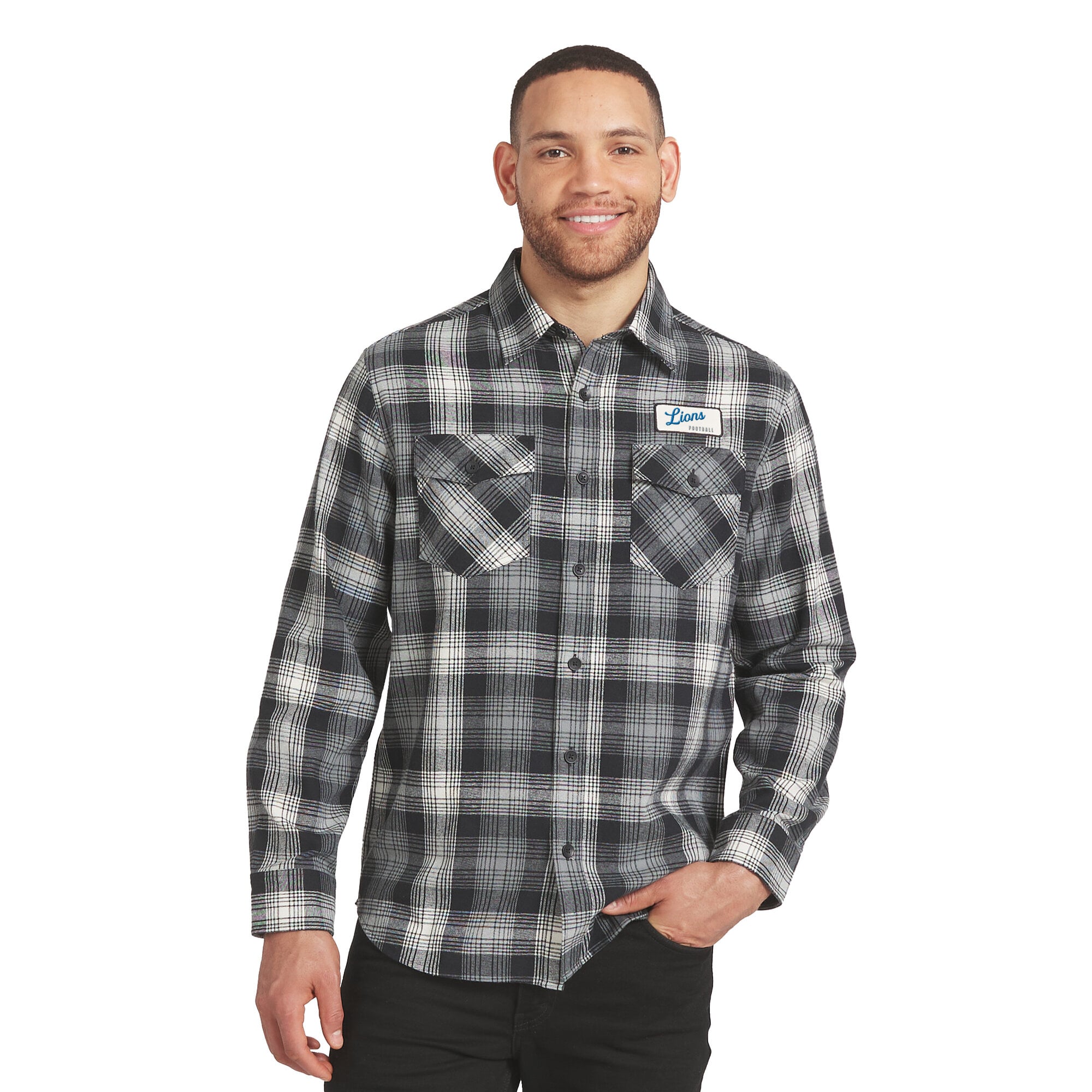 Men's Darius Rucker Collection by Fanatics Black Detroit Lions Flannel Plaid Long Sleeve Button Up Shirt