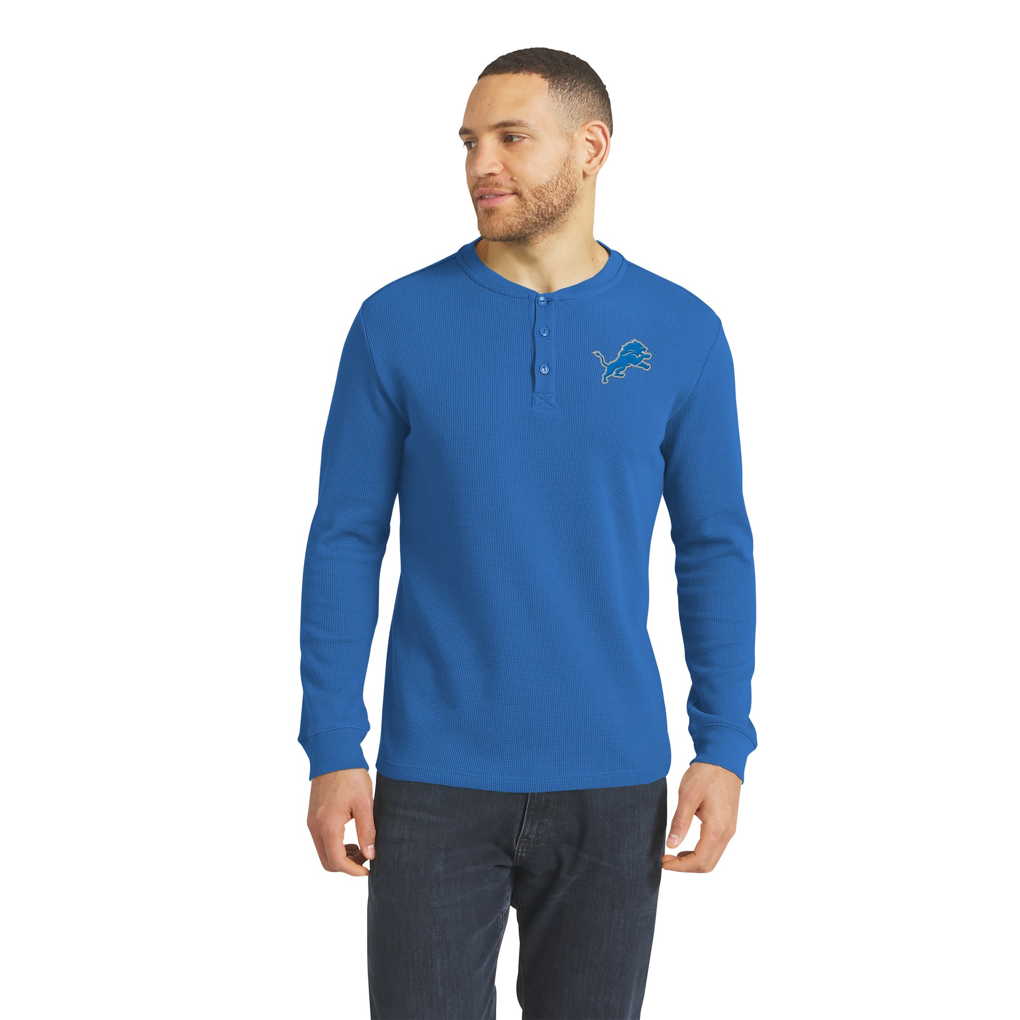 Men's Darius Rucker Collection by Fanatics  Blue Detroit Lions Waffle-Knit Henley Long Sleeve T-Shirt