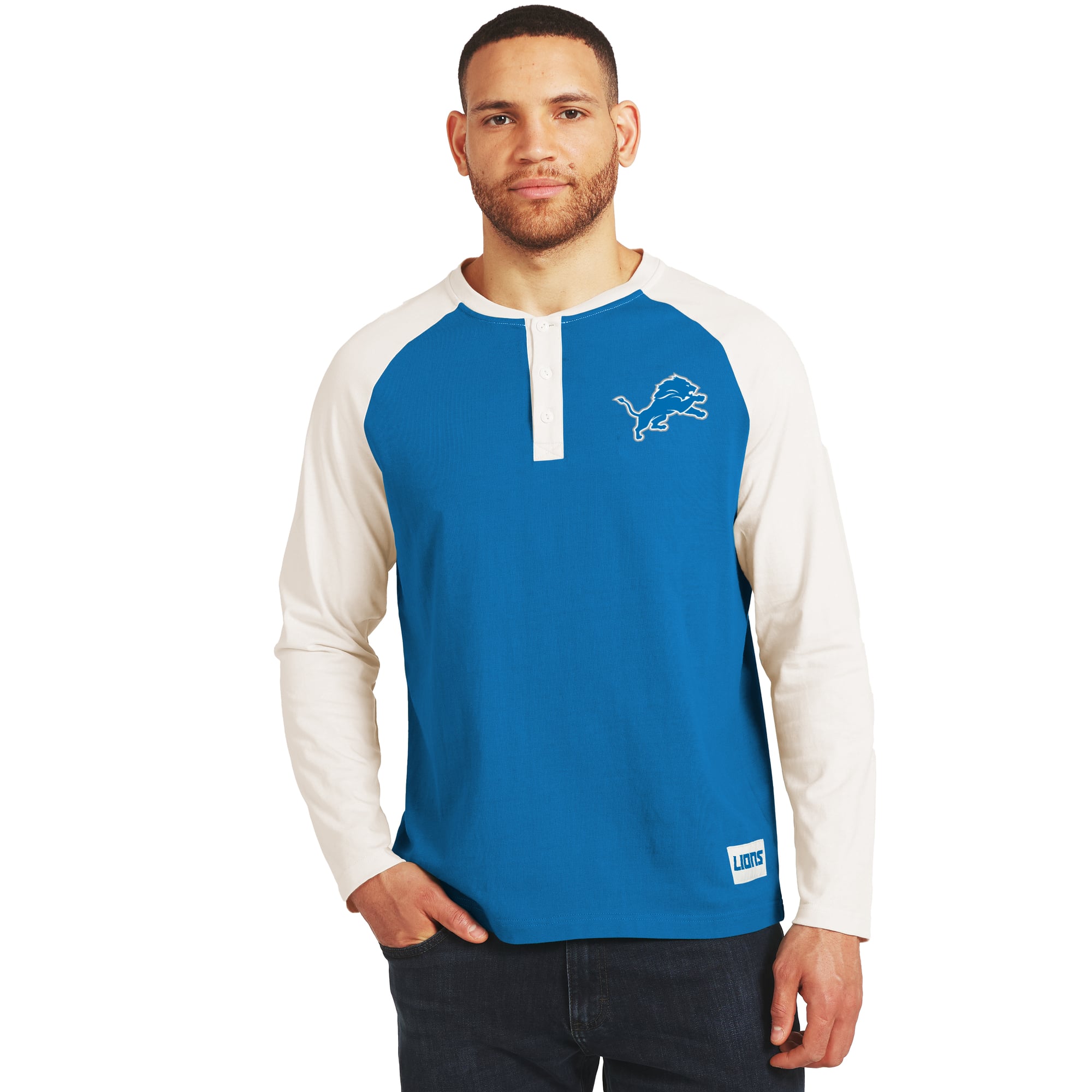 Men's Darius Rucker Collection by Fanatics Blue/White Detroit Lions Henley Long Sleeve T-Shirt