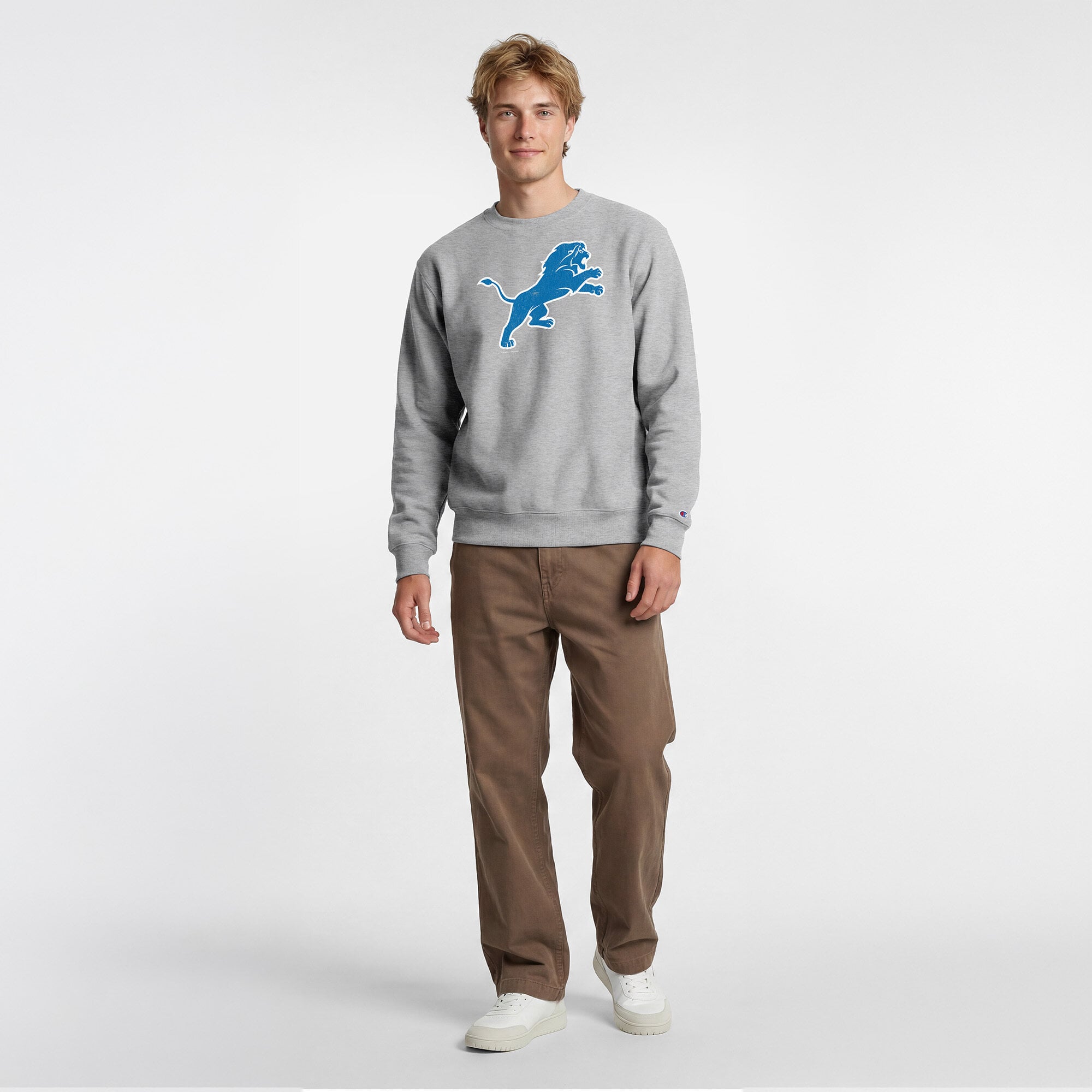 Sweat-shirt homme Disney x Champion gris chiné Detroit Lions Simba Powerblend