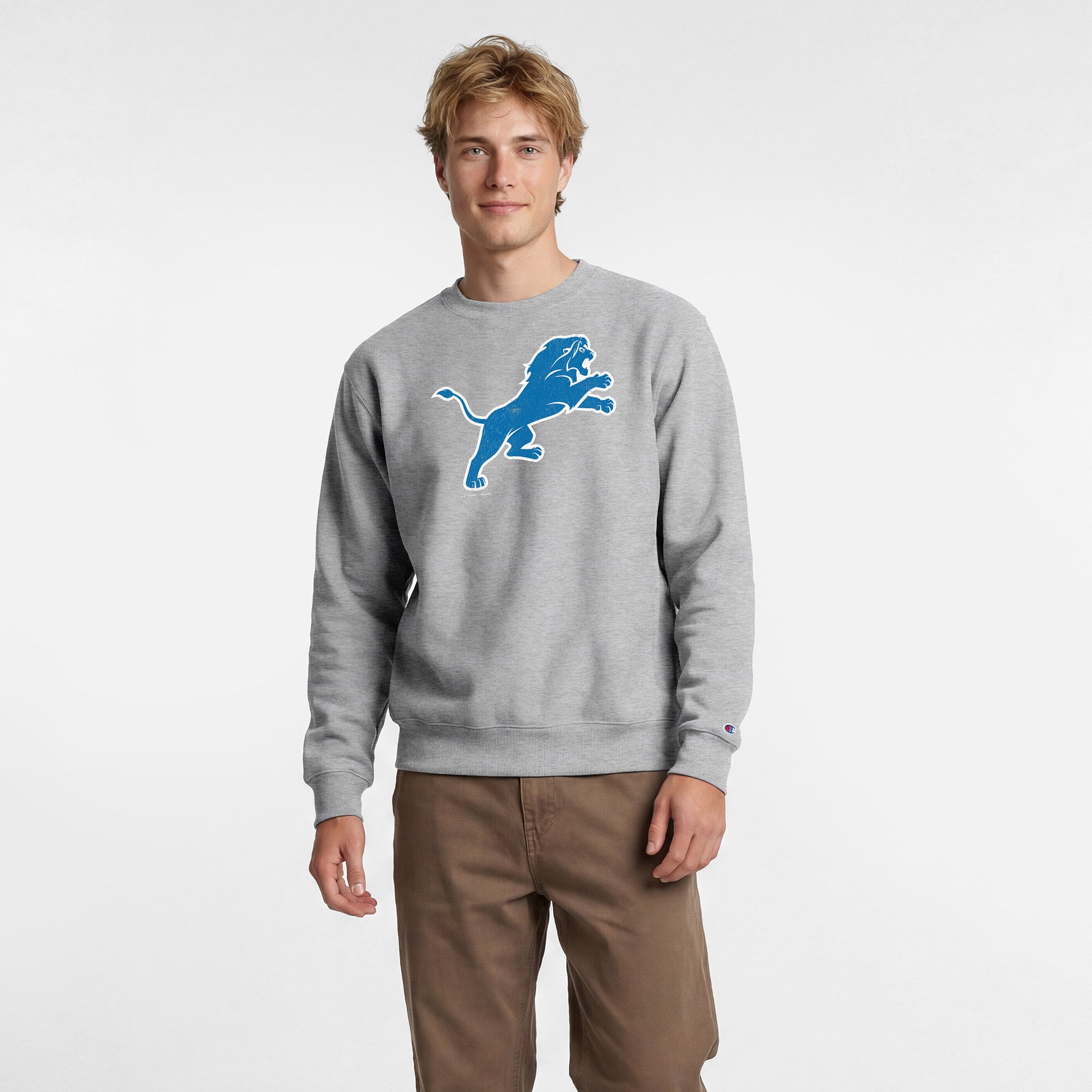 Sweat-shirt homme Disney x Champion gris chiné Detroit Lions Simba Powerblend